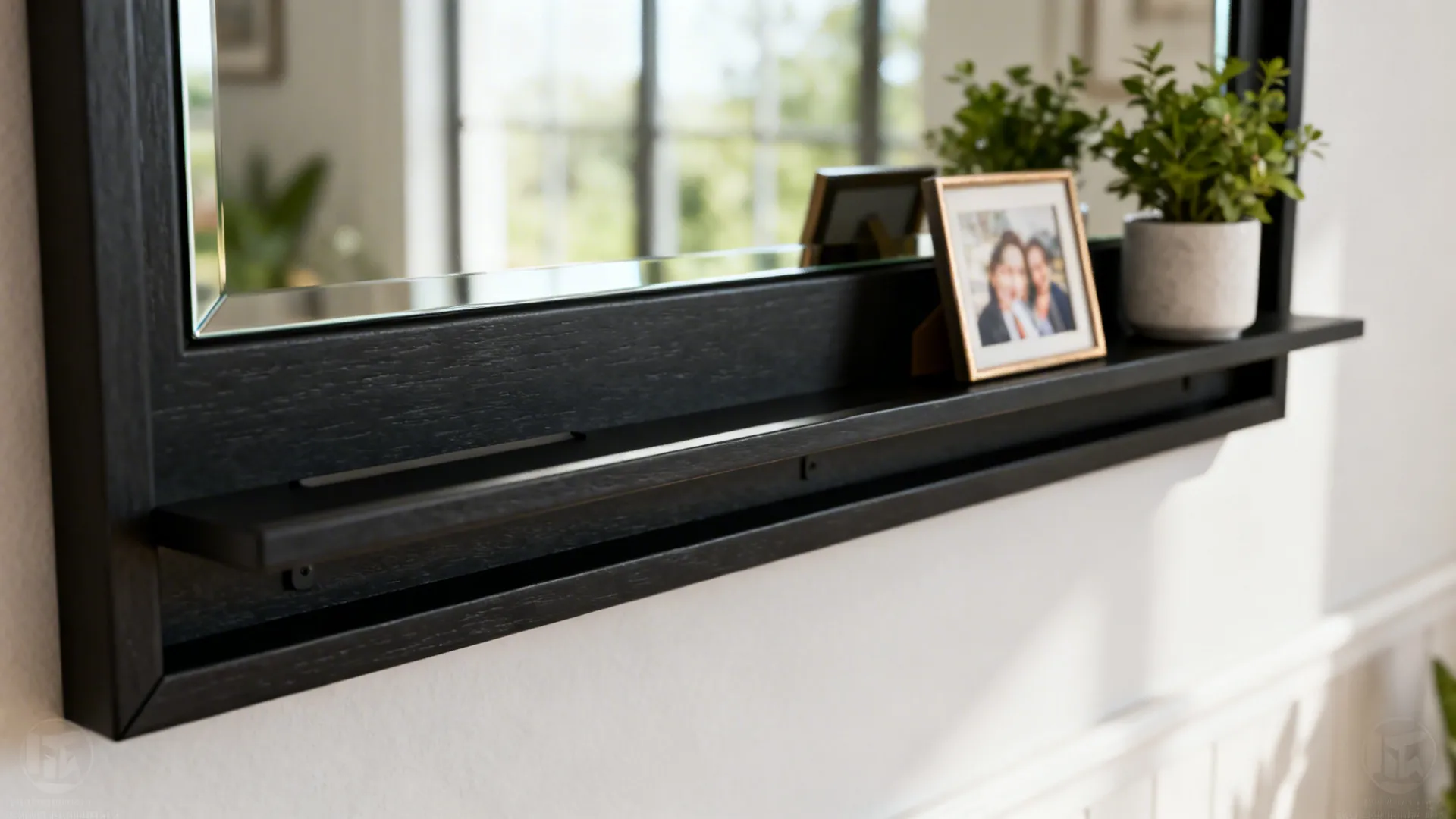 Black-framed mirror with narrow integrated shelves styled with plants and photos