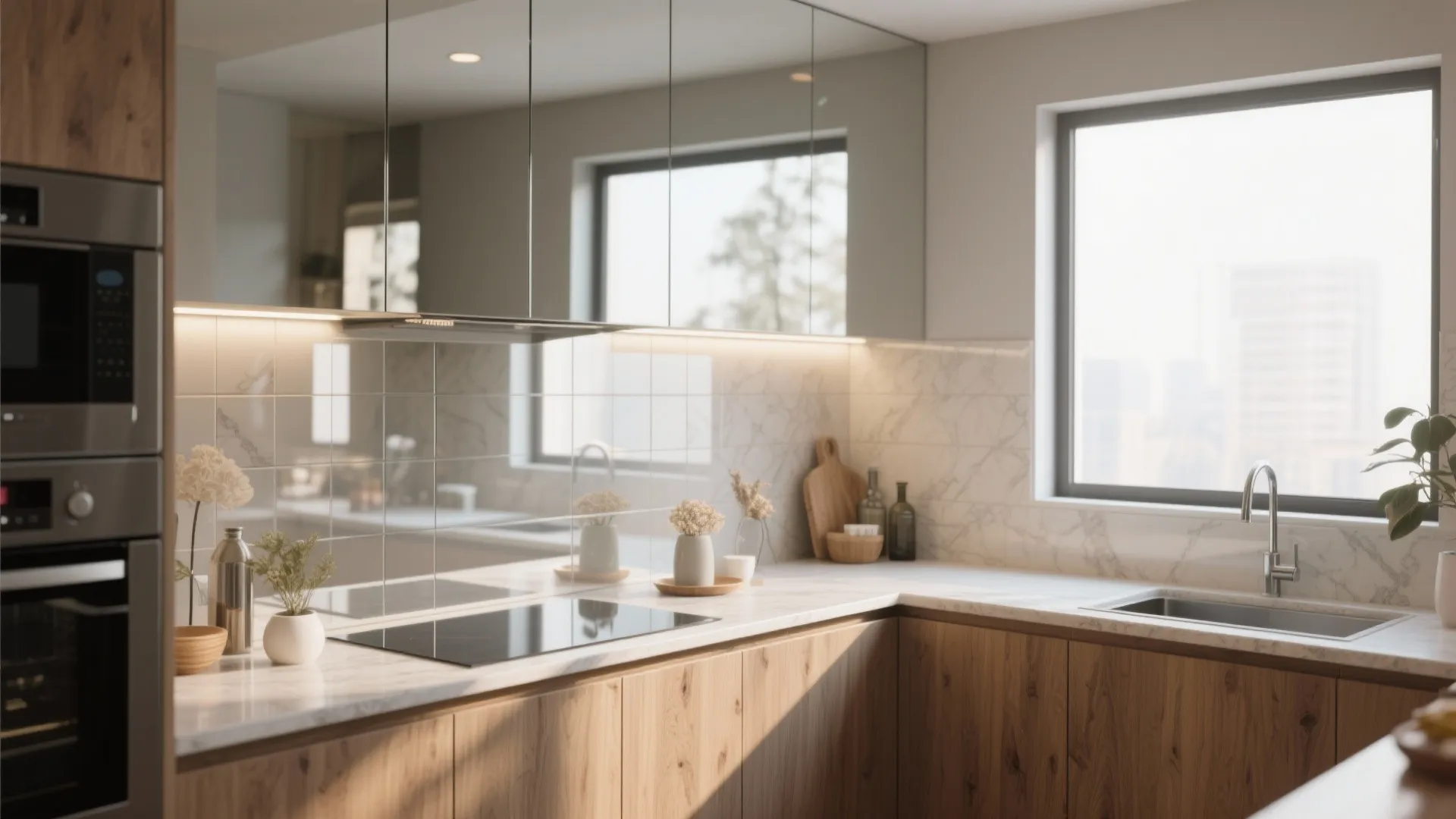 Modern kitchen with wood cabinets white marble countertop sink stove and mirrors reflecting a window