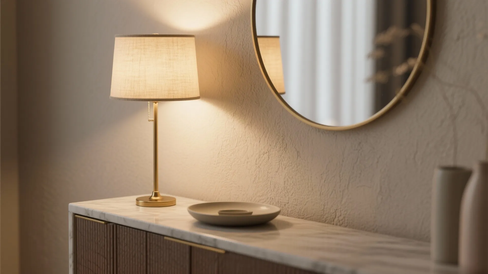Modern marble cabinet featuring a gold table lamp, round mirror, small plate, and neutral wall