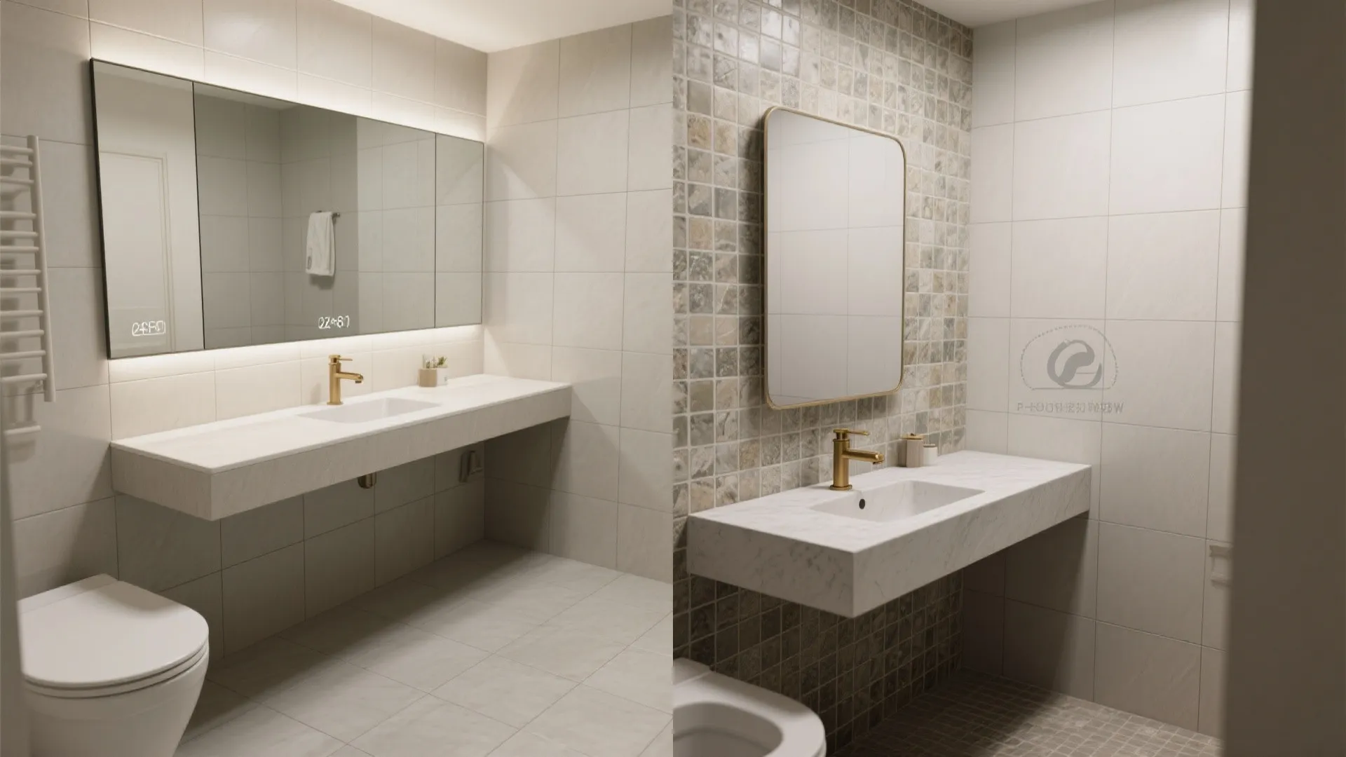 Before and after comparison of a bathroom vanity with large mirror and mosaic wall tiles