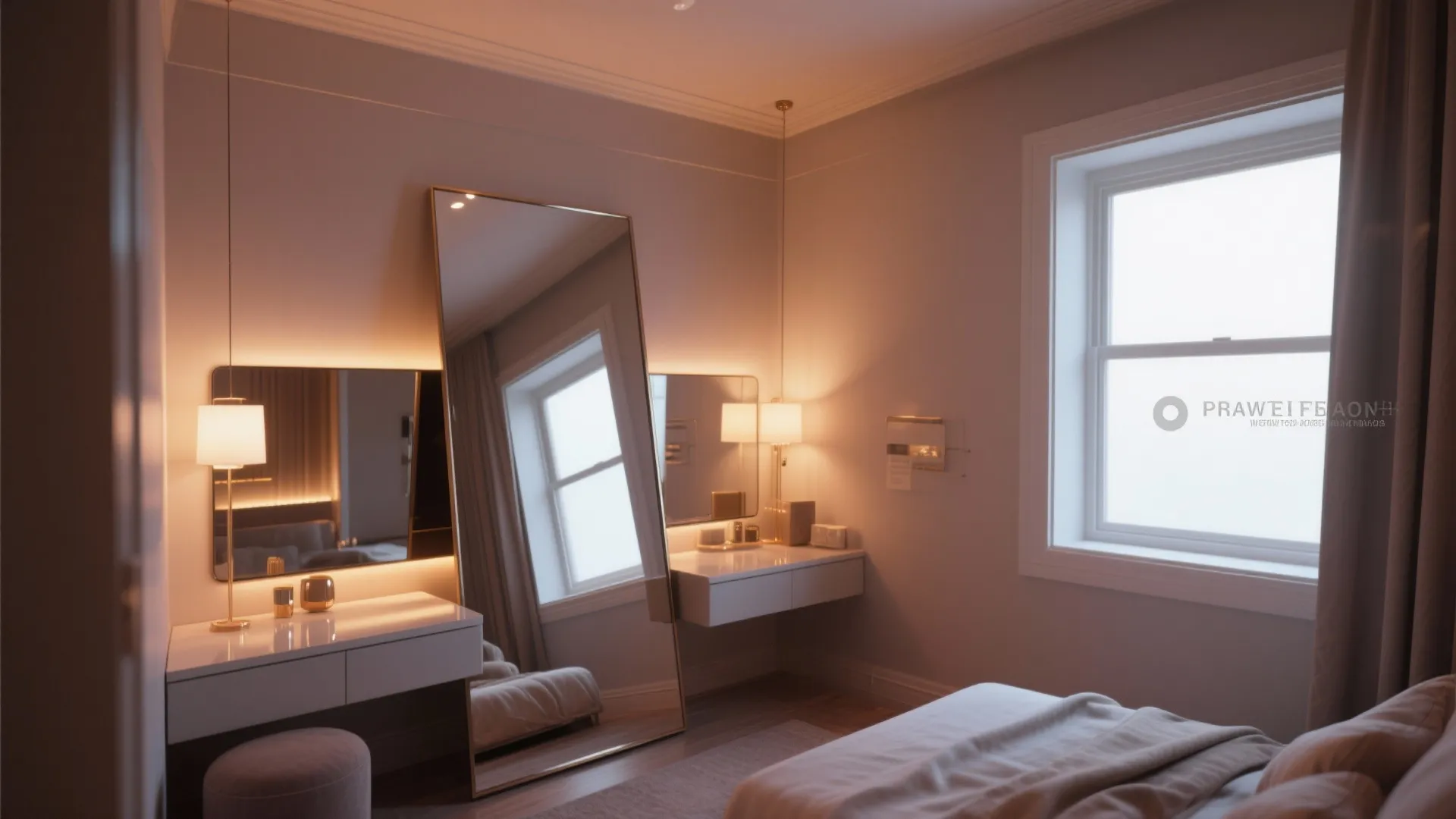 Modern dressing table area with warm wall lights, large floor mirror, white desk, and window