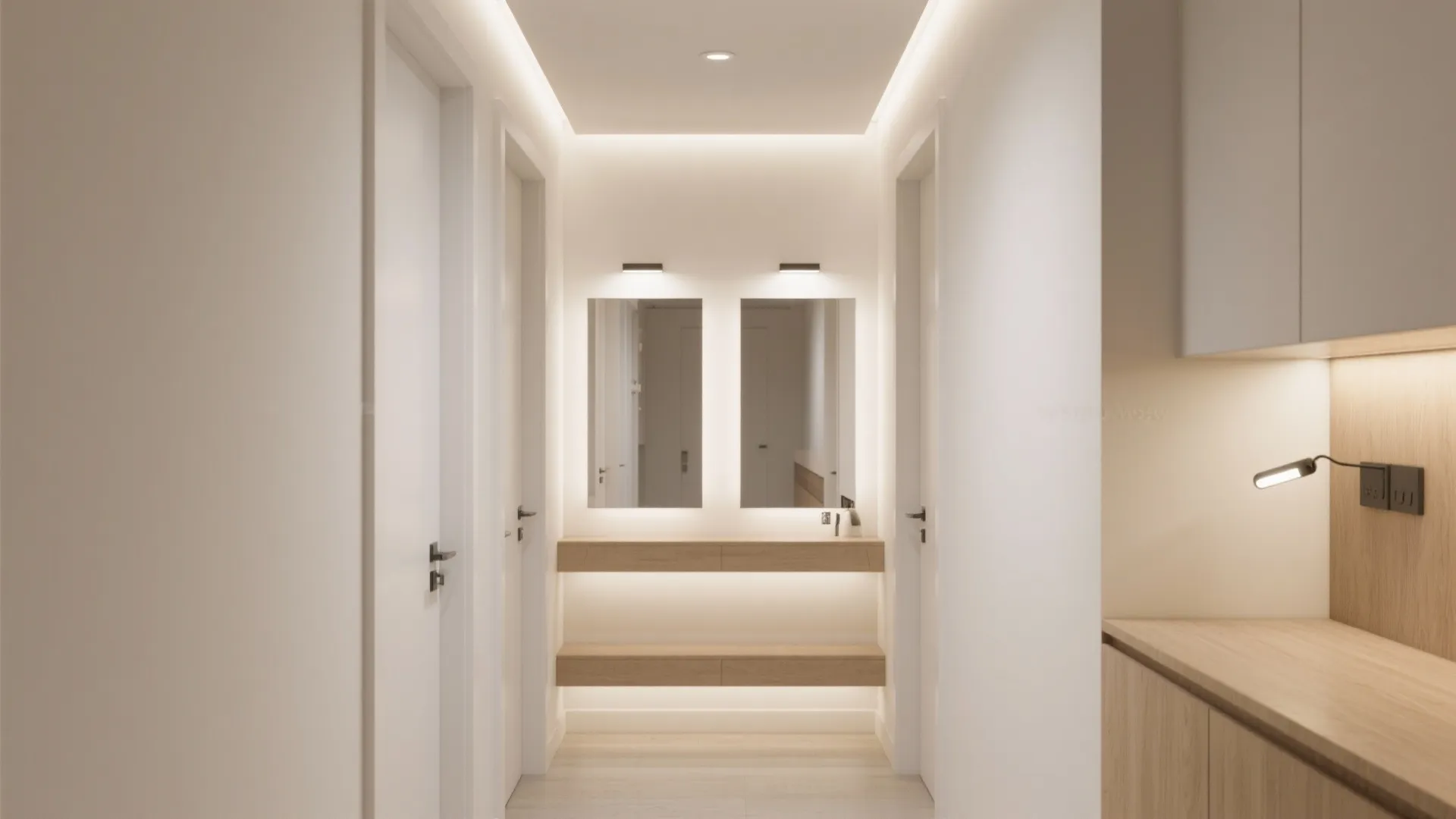 Mirror strategy and layered hallway lighting