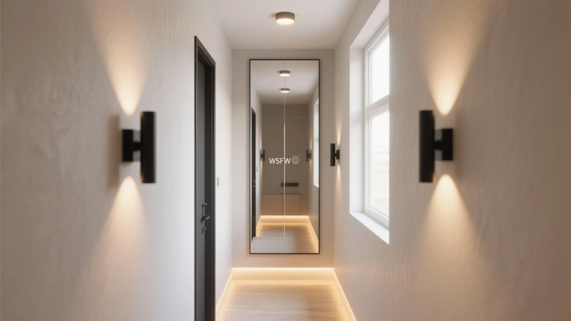 Tall mirrors and light layering for brighter corridors