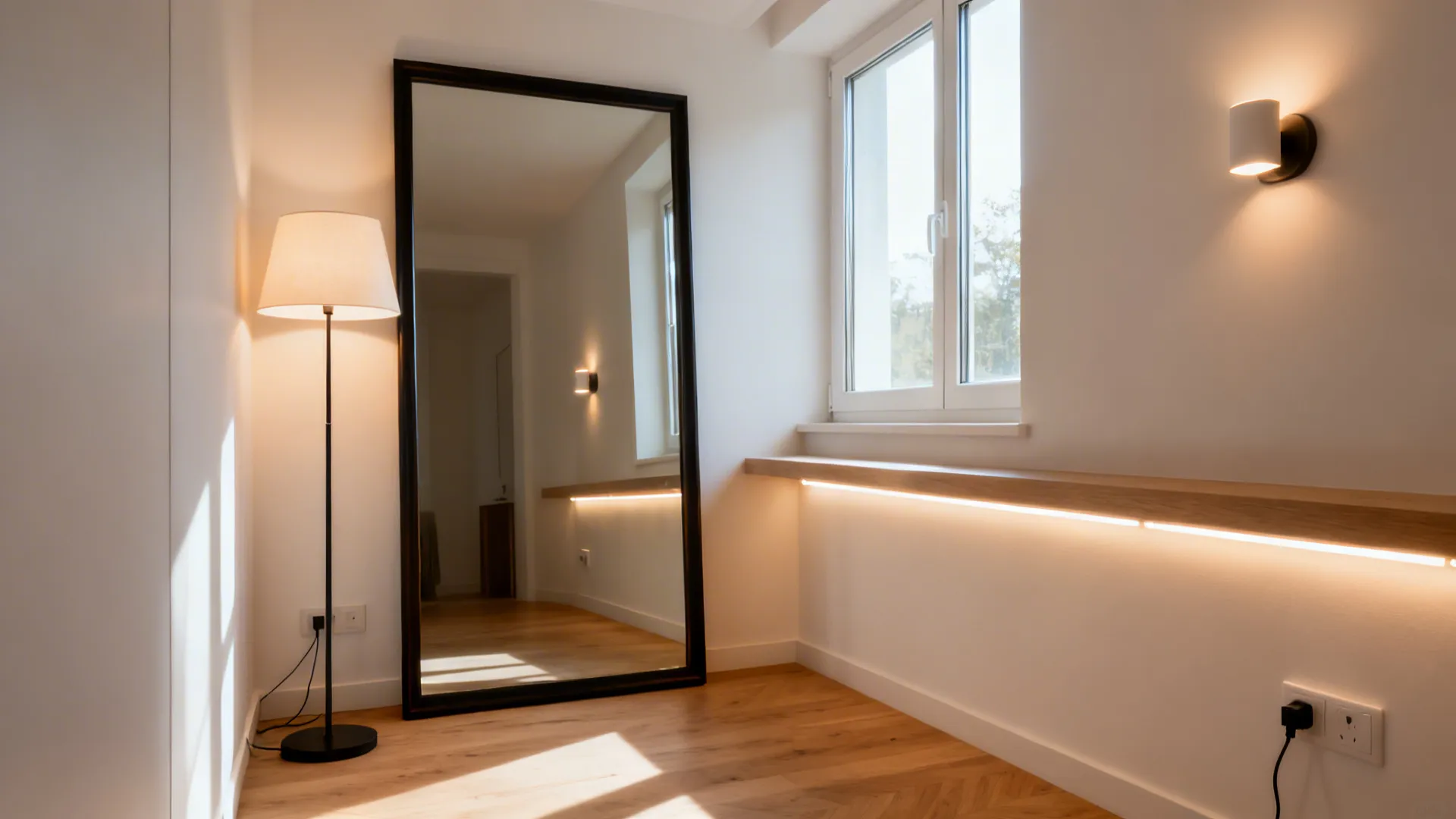 Small room with a large mirror opposite a window and layered lighting including sconces and a floor lamp.