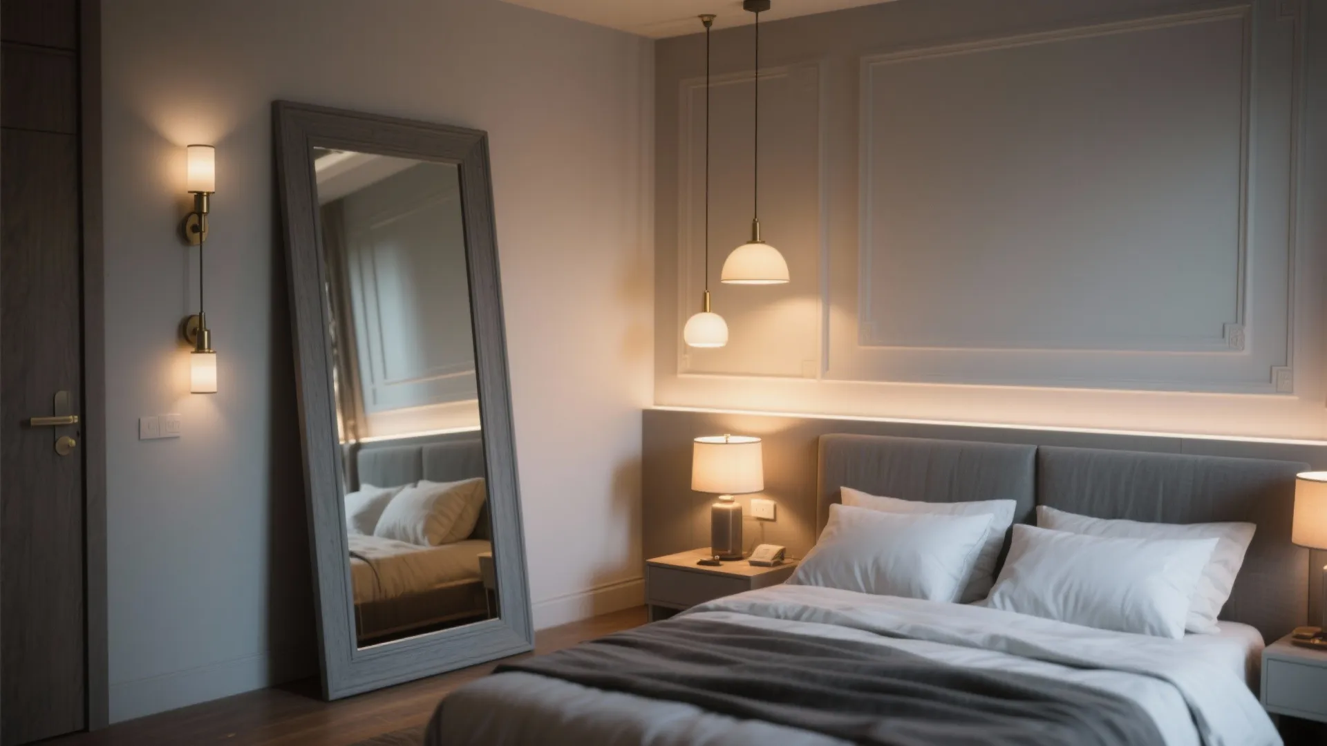 5. Statement mirror and layered lighting