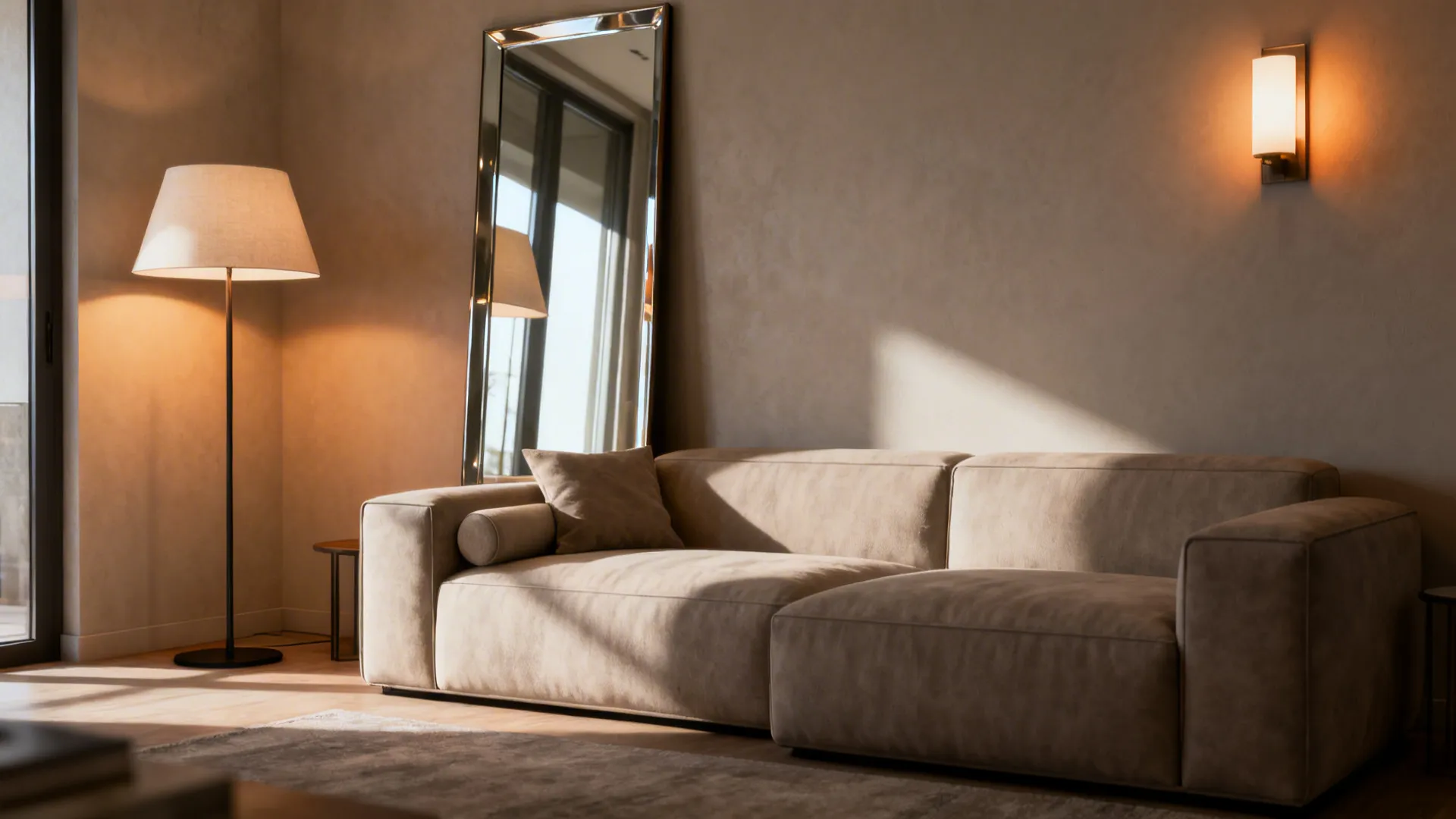 Small living room with a tall mirror behind an L-shaped couch and layered lighting creating depth