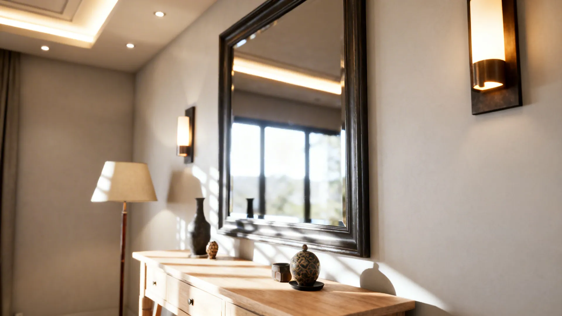 Mirror and layered lighting brightening a small living room with a light palette