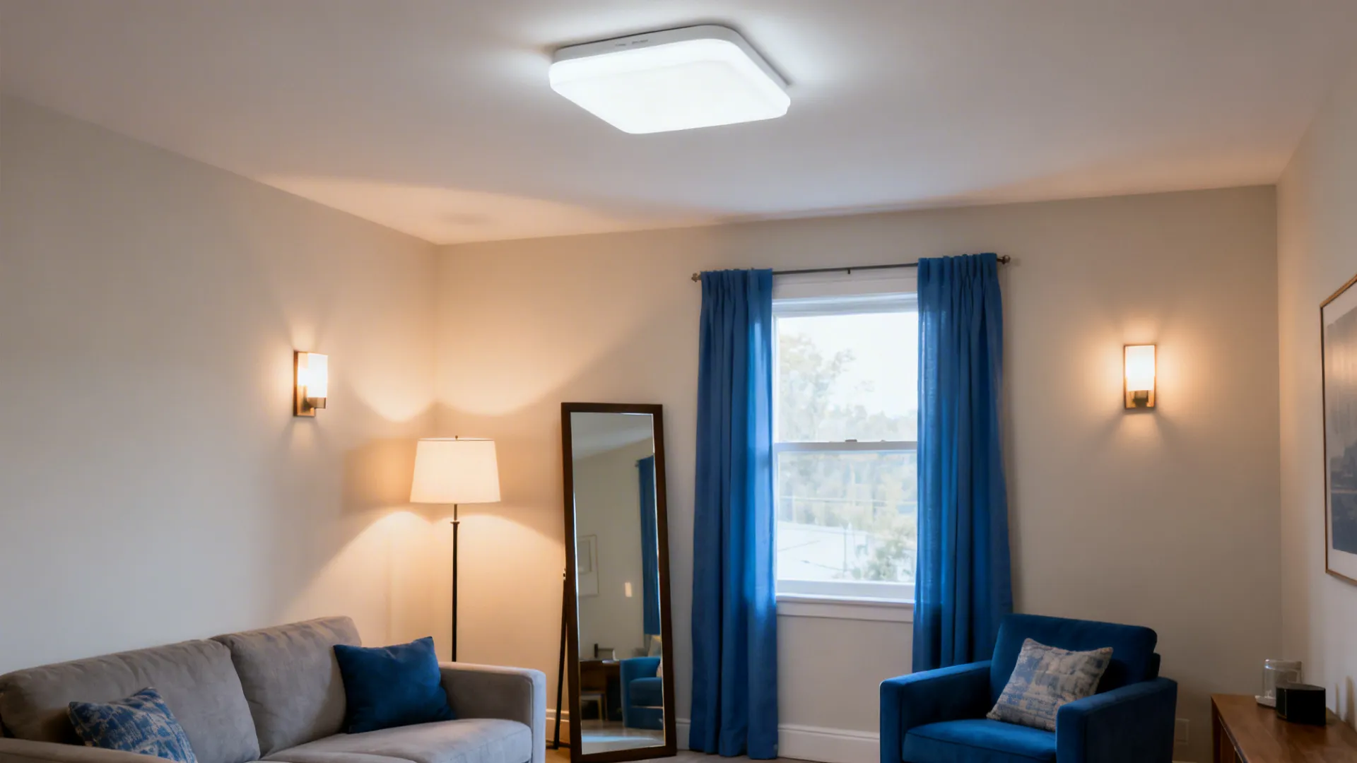 Small living room with tall slim mirror and layered low-profile lighting creating brighter, taller feel.