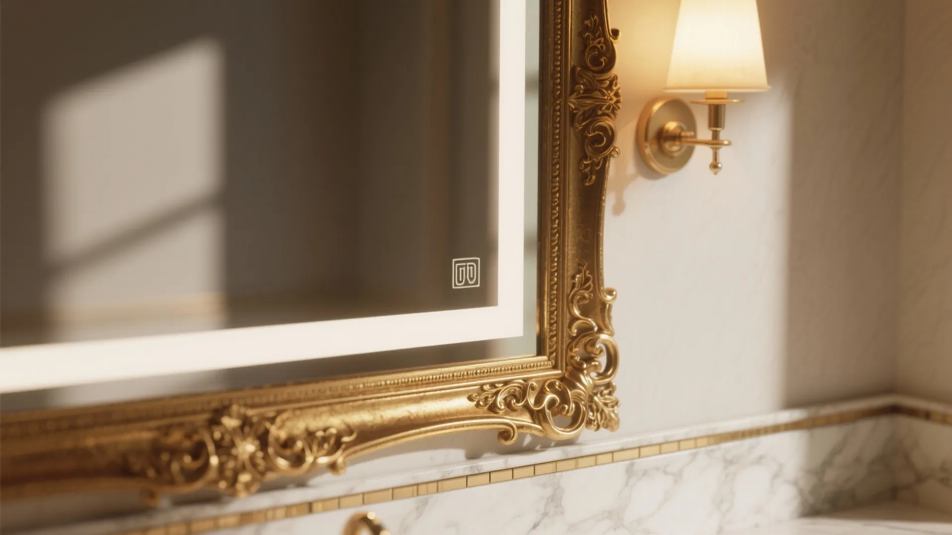 Close-up of an antique-gold vanity mirror layered with a narrow mirrored strip and warm sconce reflections.