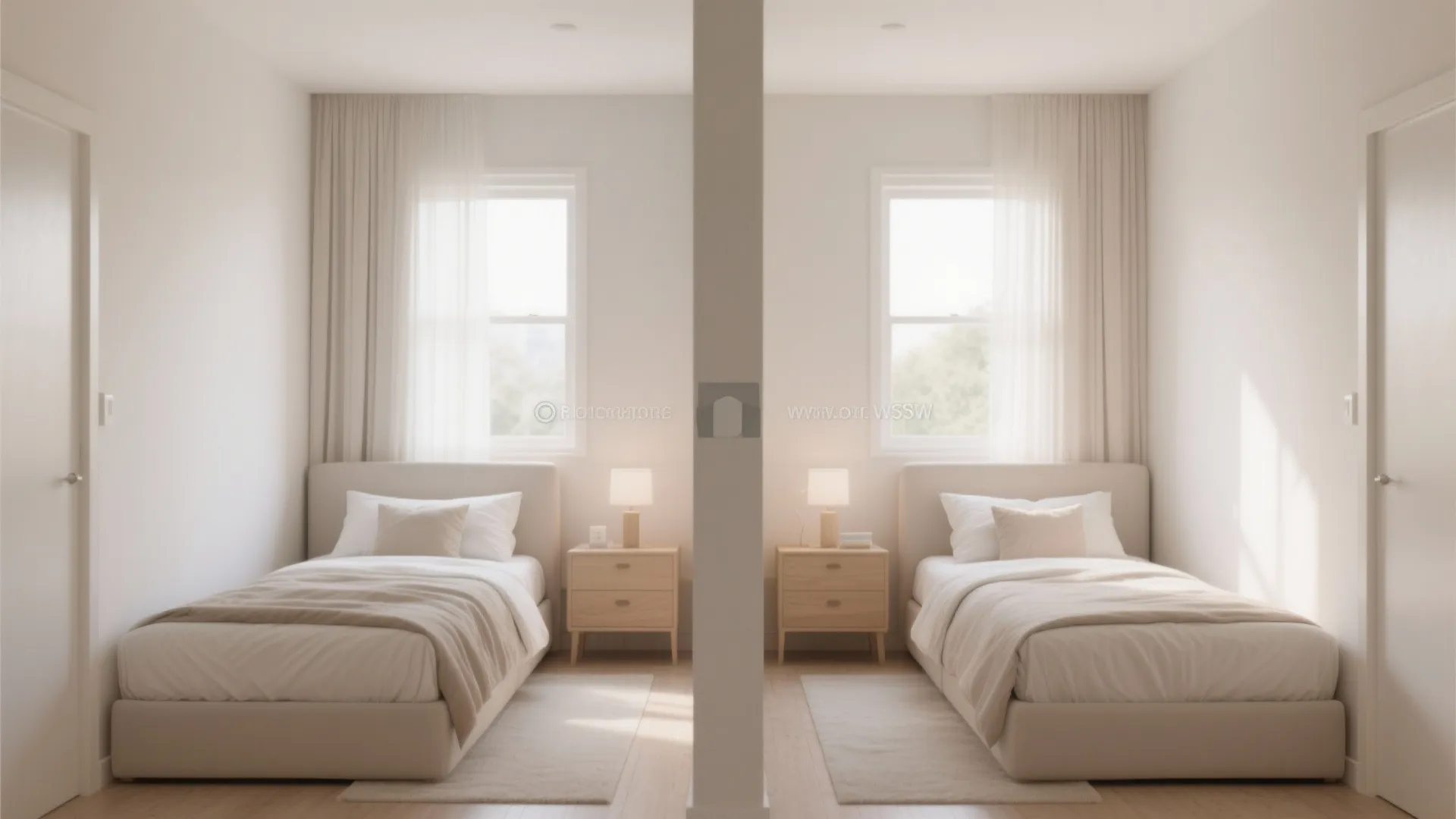 Symmetrical bedroom design showing two identical beds with side tables and windows separated by wall