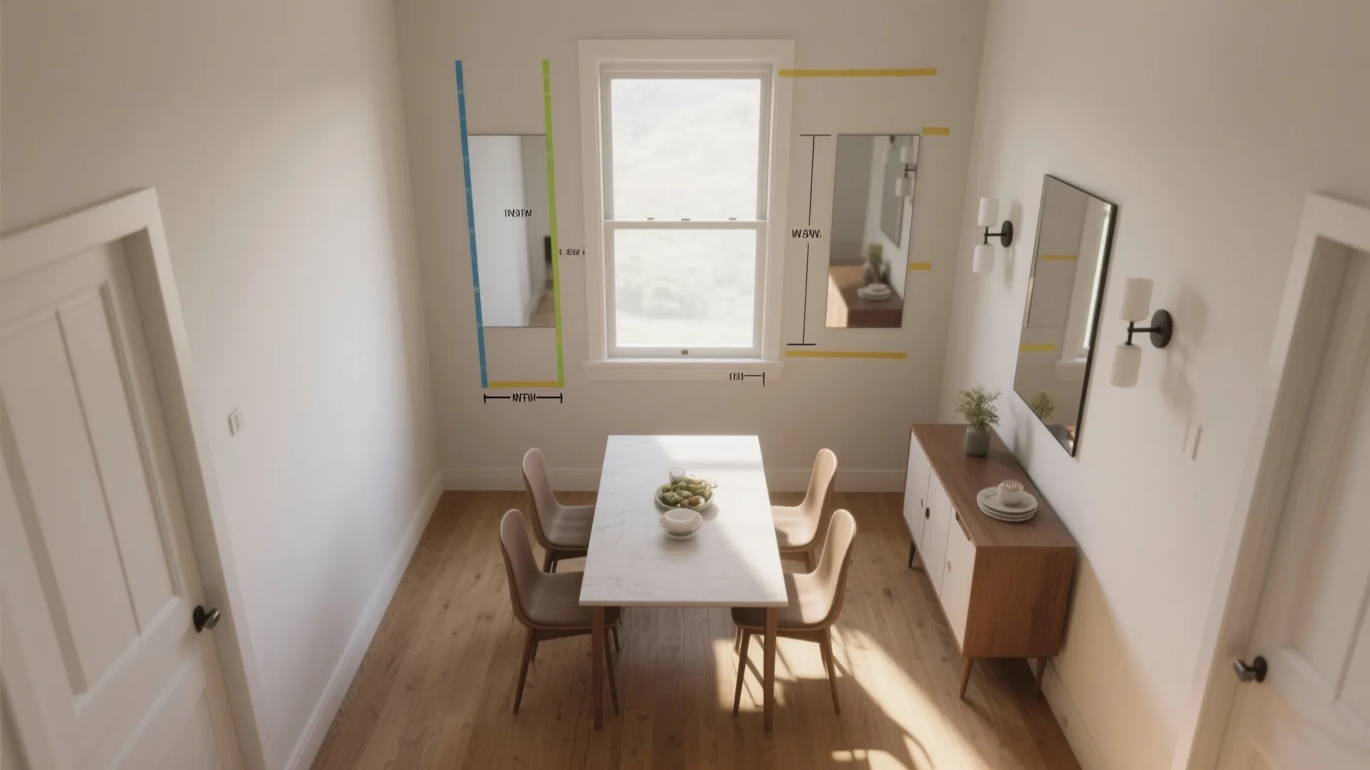 Interior design drawing showing mirror placement measurements in a dining room with table and chairs