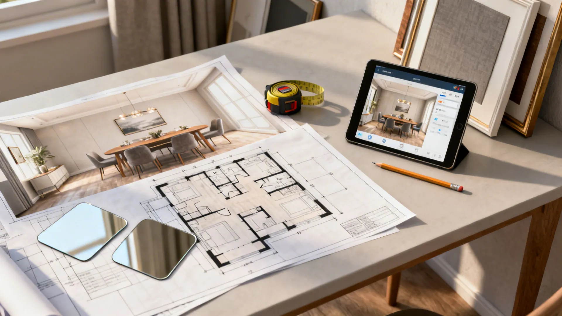 Top-down view of a layout mockup with mirror cutouts, a tablet room planner, and measuring tools