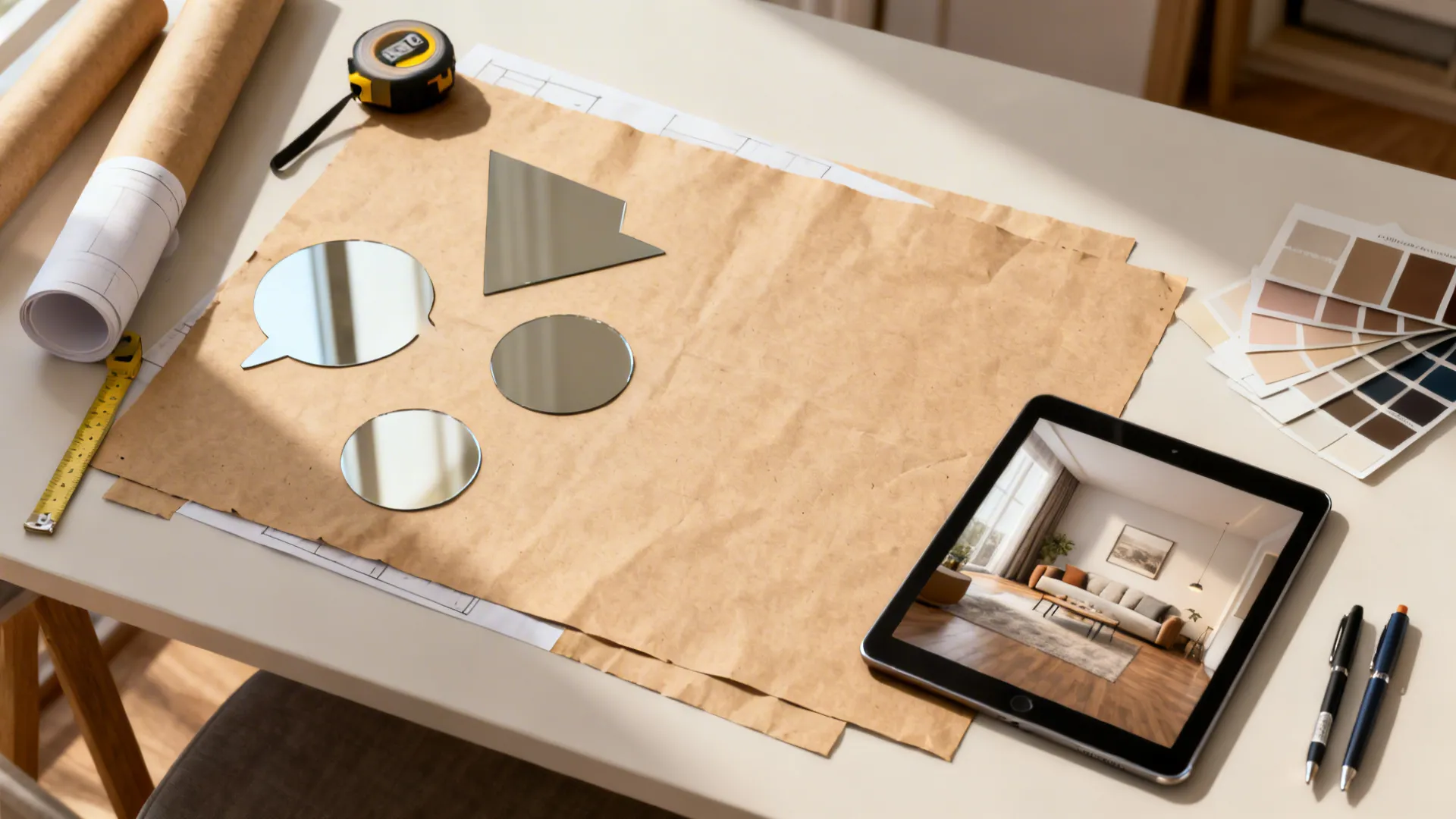 Top-down view of kraft paper mirror mockups, a tablet room mockup, and measuring tools