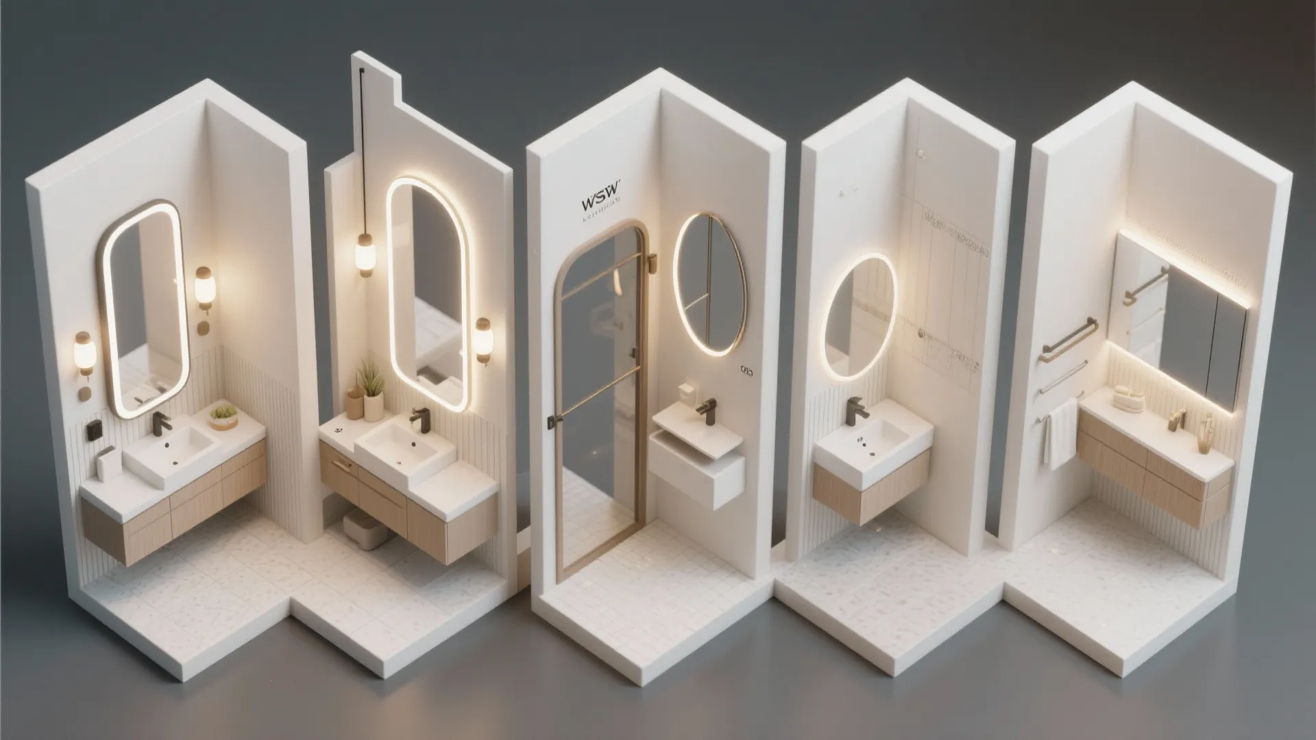 Interior design drawing showing five different bathroom layout options with mirrors and small white sinks