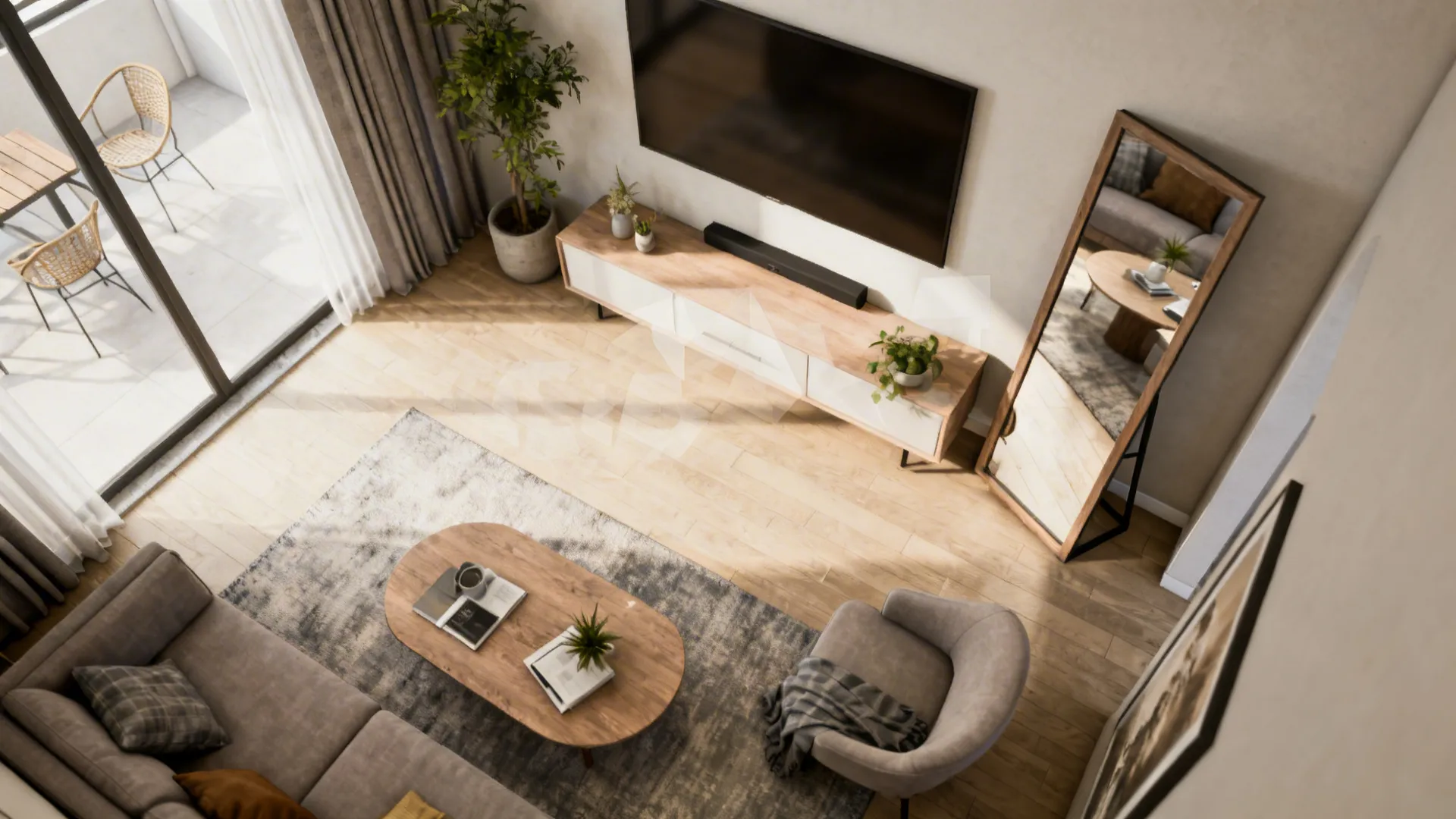 Top-down layout mockup showing testing mirror positions in a small living room using a 3D planner.