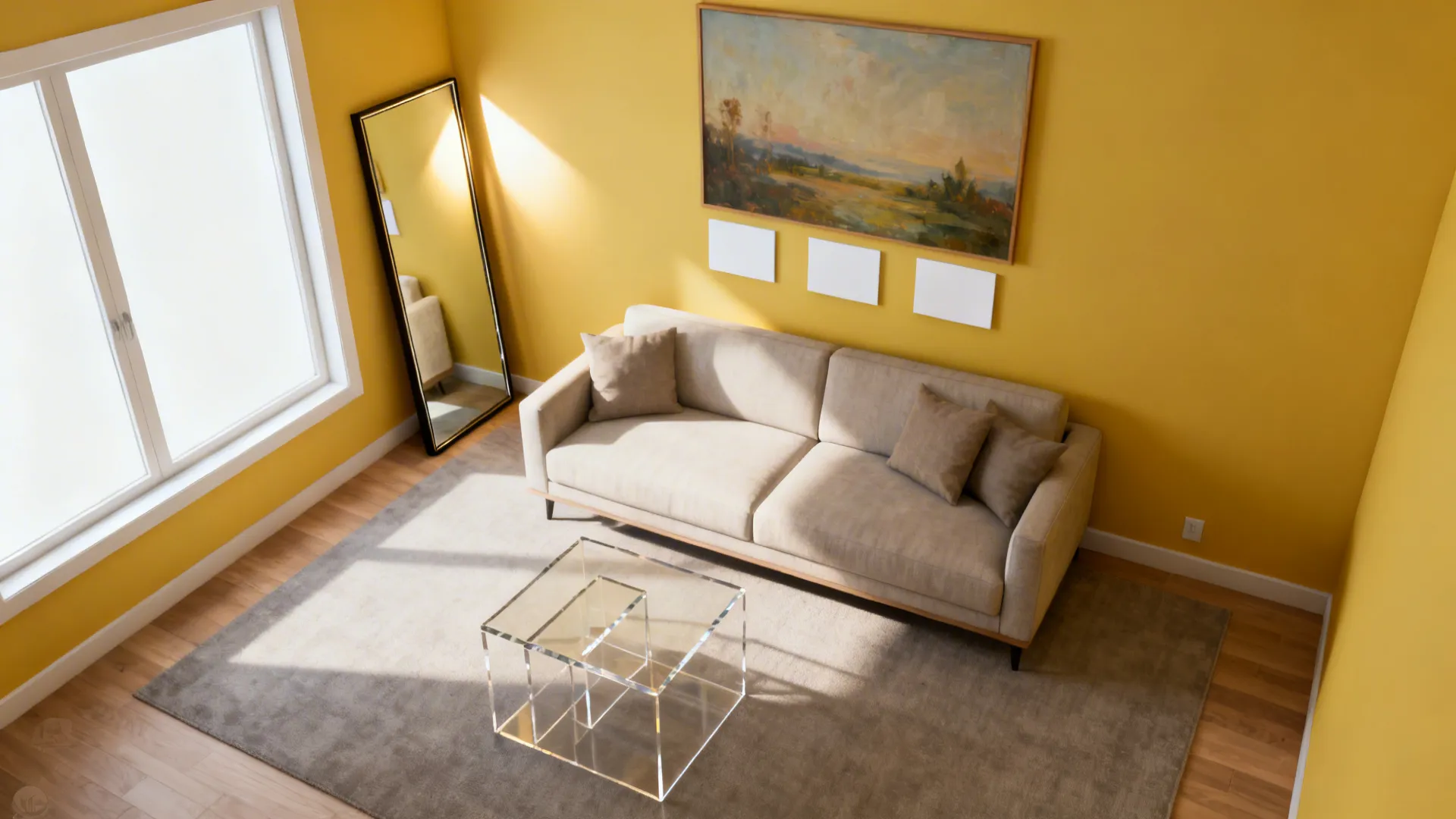 Top-down layout showing mirror opposite window, art heights, and clear paths with acrylic tables.