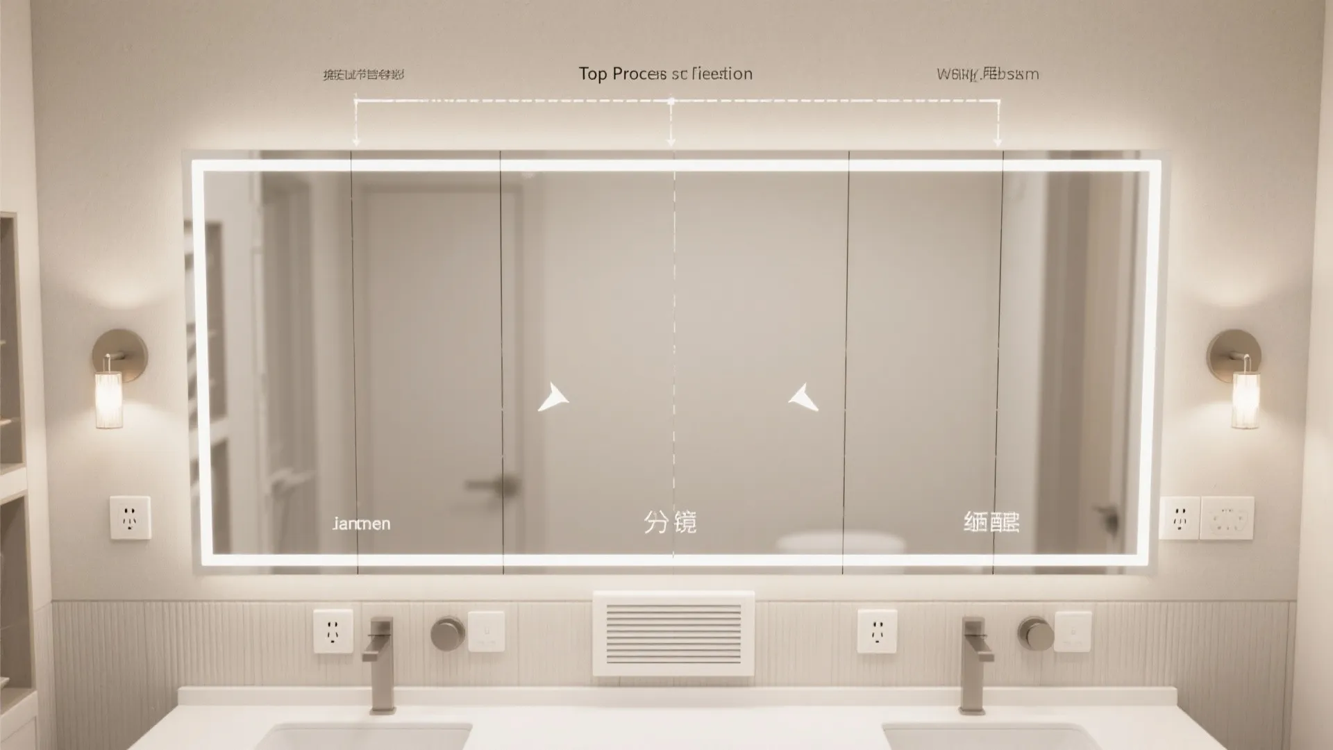 Top-down layout of mirror span options with split seams and aligned fixtures.