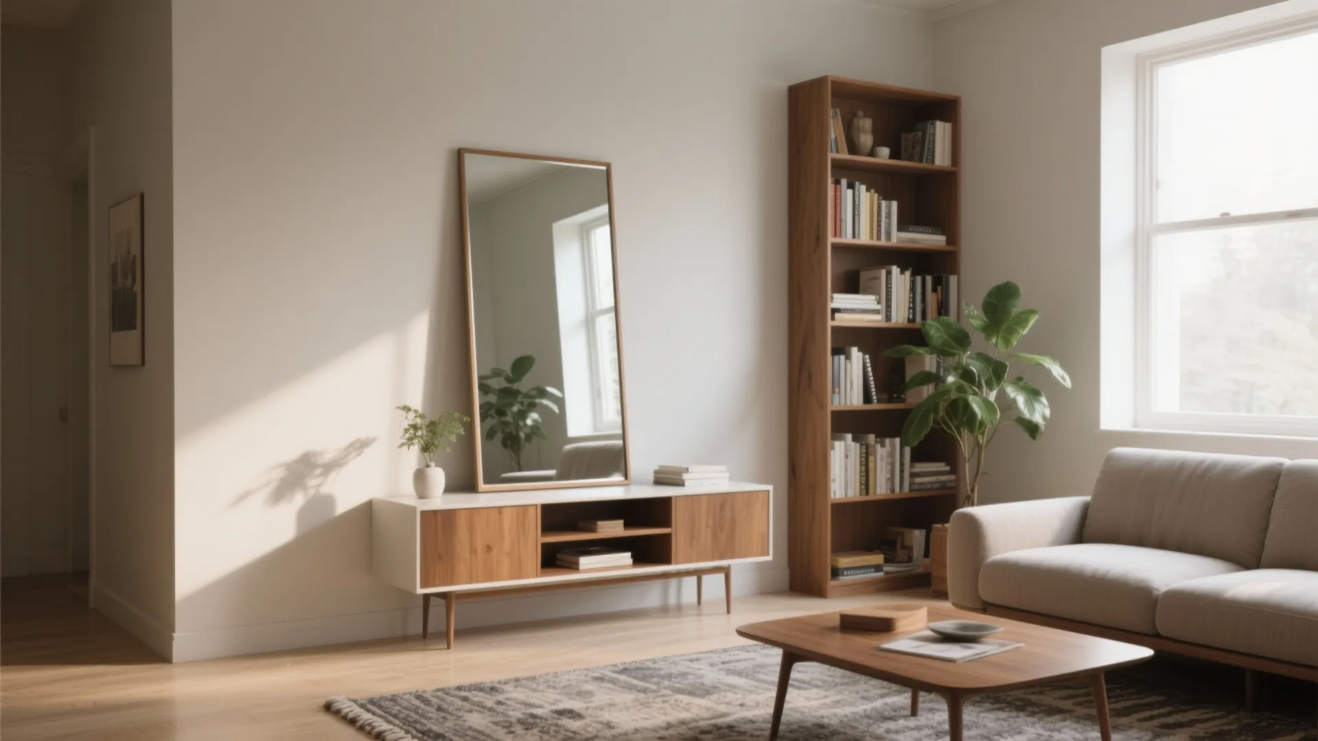 Living room with mirror leaning on cabinet near tall bookshelf sofa coffee table and rug