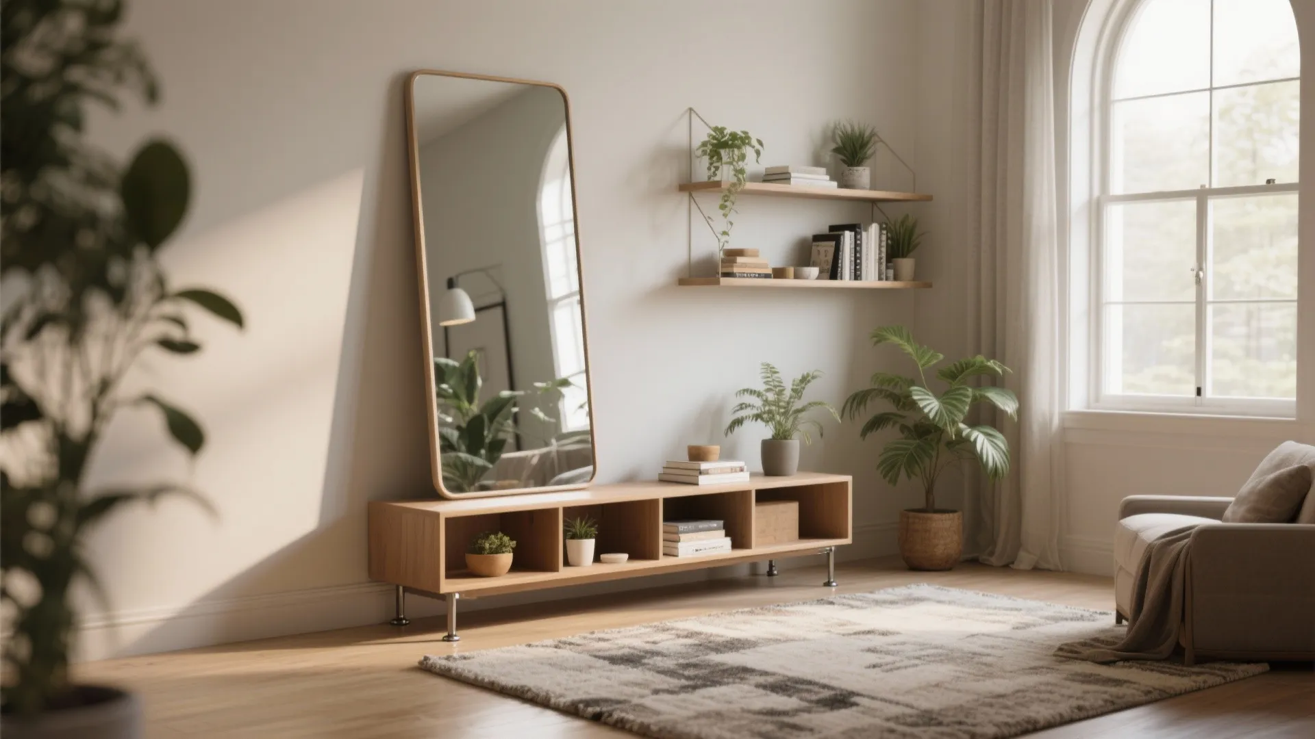 3. Leaning mirror with storage and shelf styling