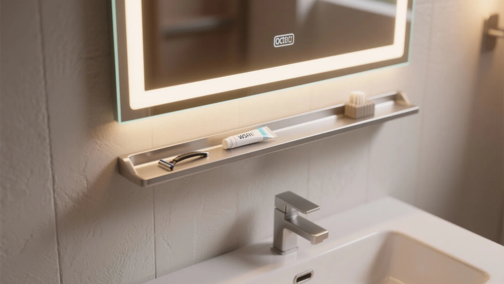 Bathroom sink with a metal shelf holding a razor and toothpaste under a lighted mirror