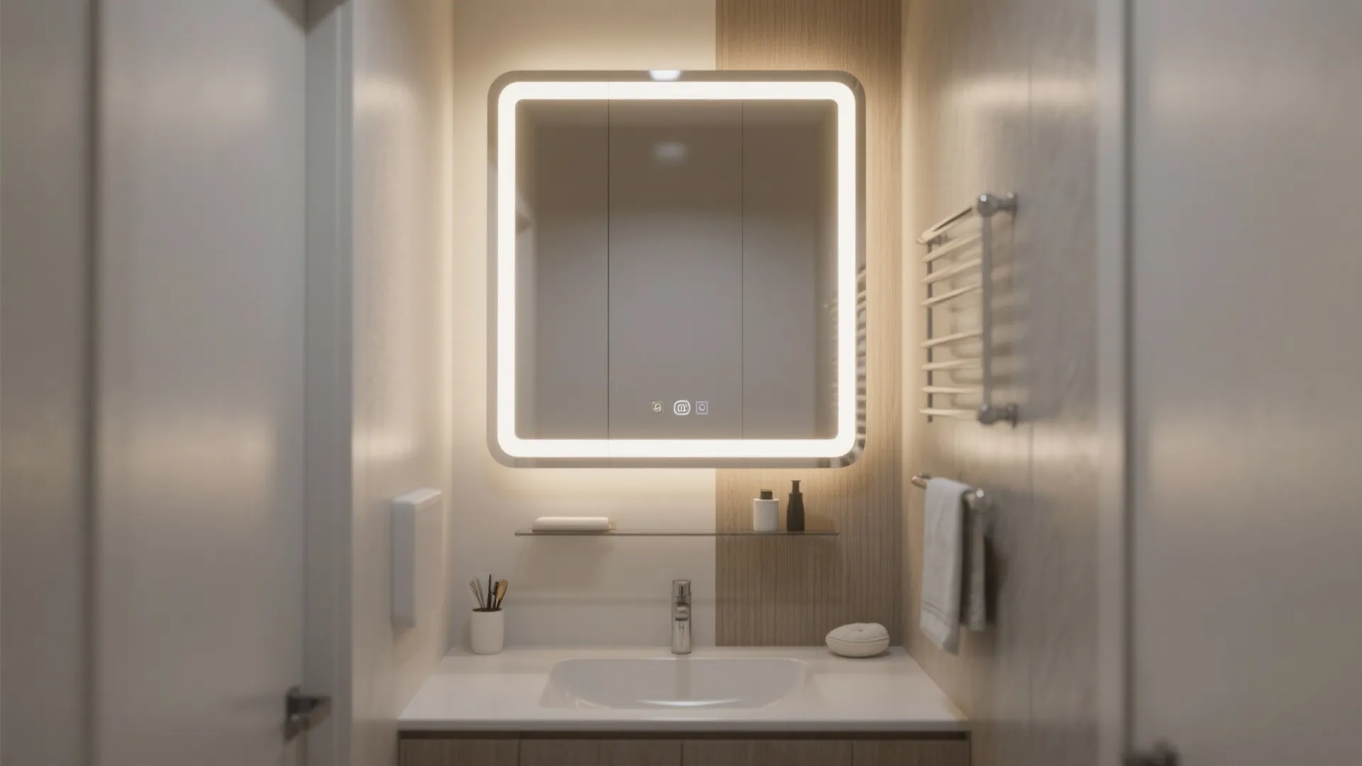Small bathroom with an integrated LED mirror providing clear grooming light and reflecting ambient light.