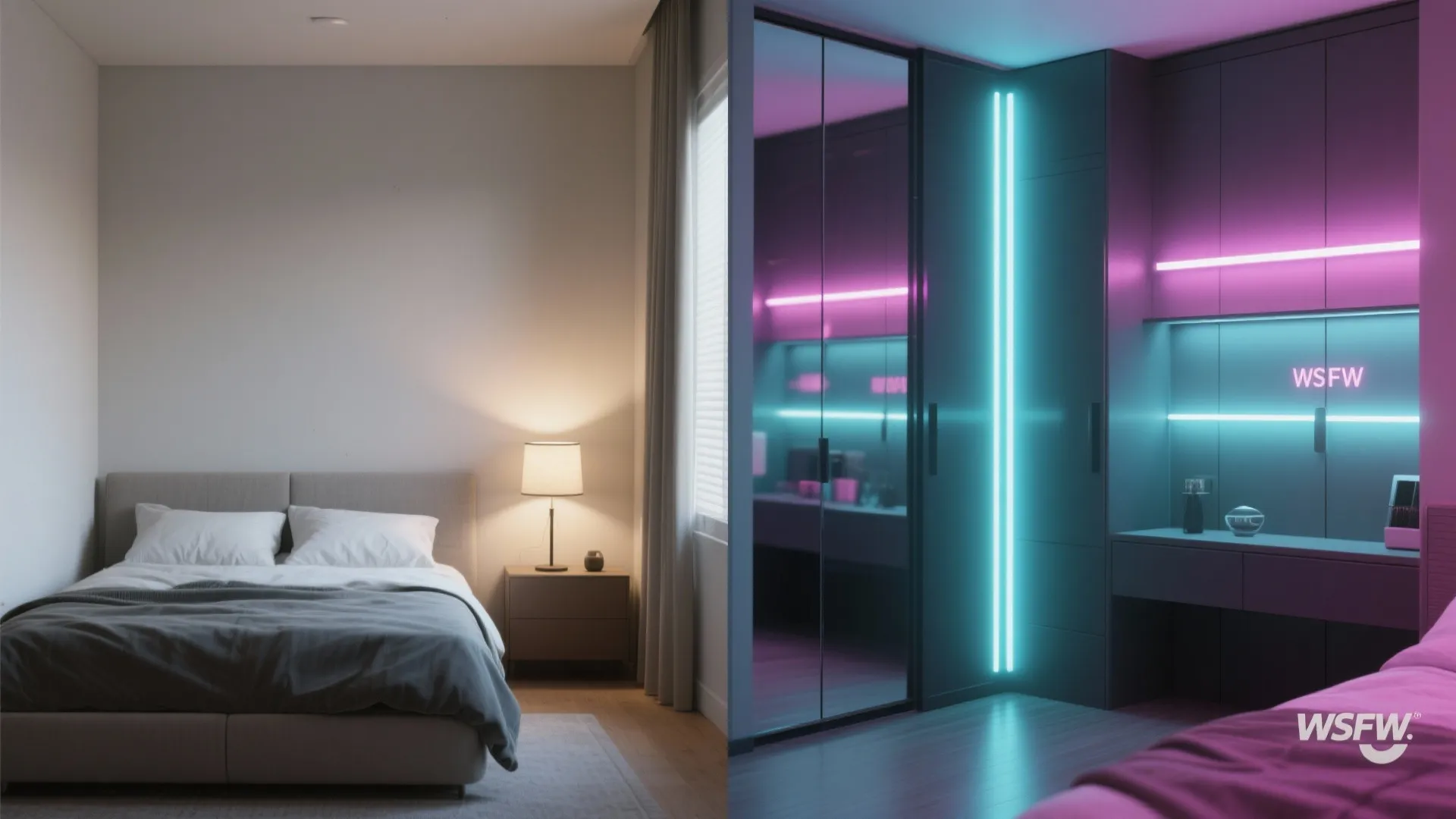 Before-and-after of a bedroom showing how a mirrored wardrobe and slim LED bar amplify light and create reflections.