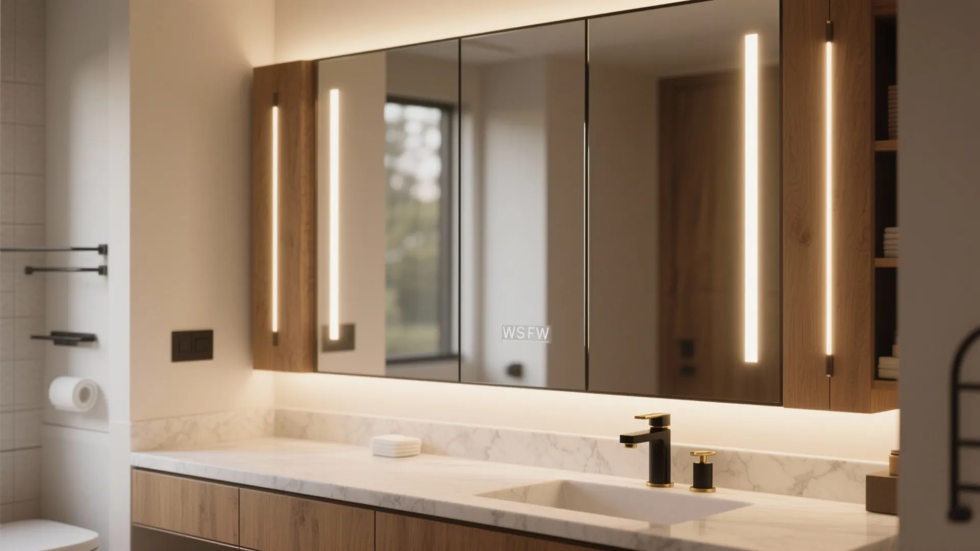 Mirror-Front Wall Cabinets with Integrated Lighting