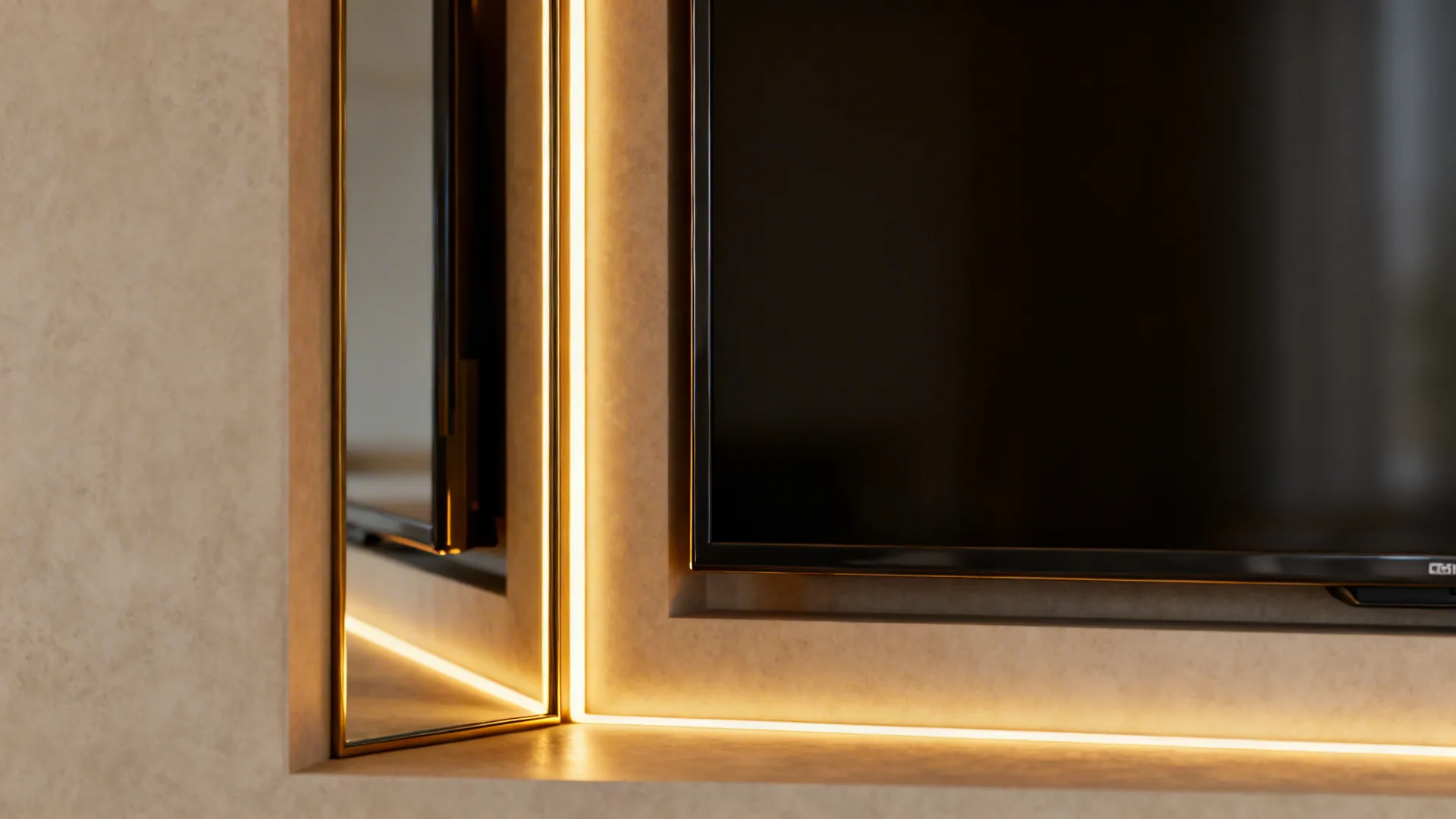 Corner TV with a narrow vertical mirror and indirect LED lighting to visually expand the space.