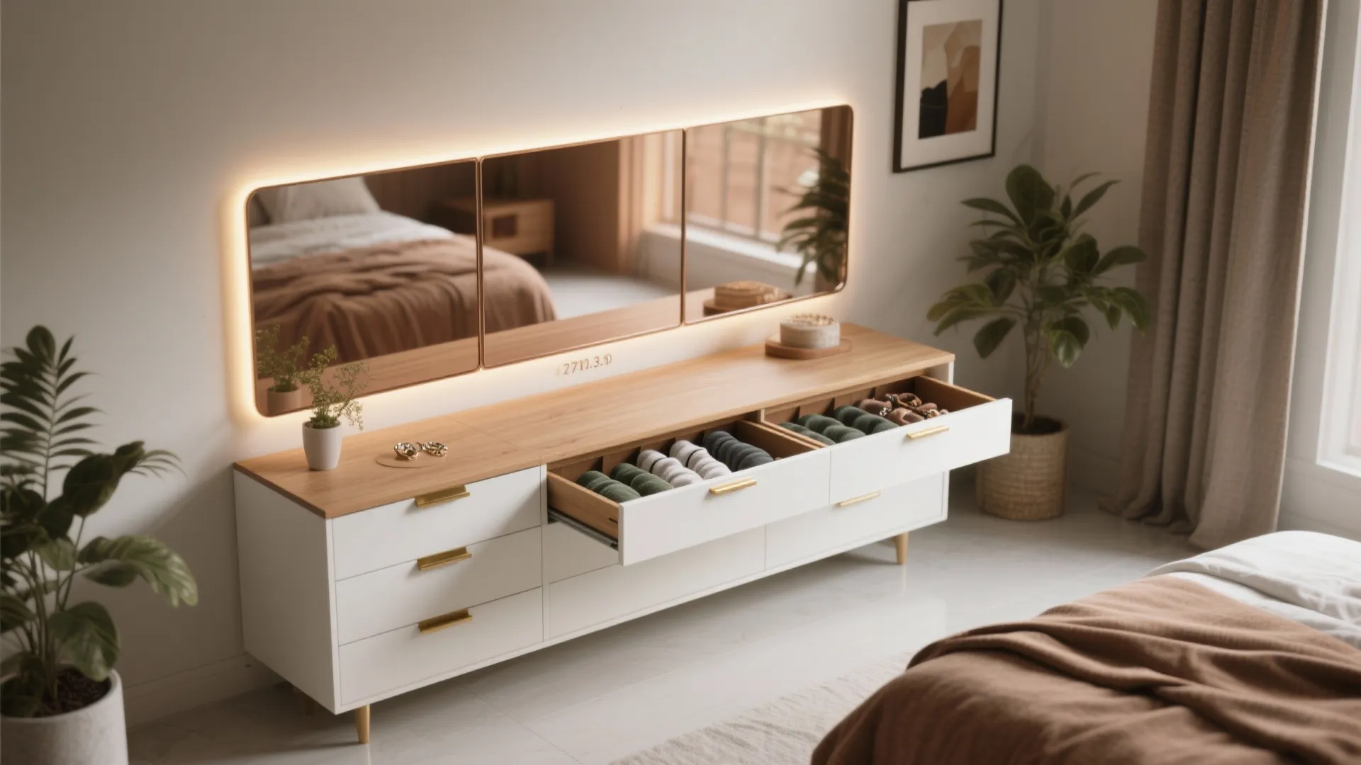 Hybrid dresser with mirrored fronts and warm LED lighting, modular drawer inserts organize essentials in a small bedroom.