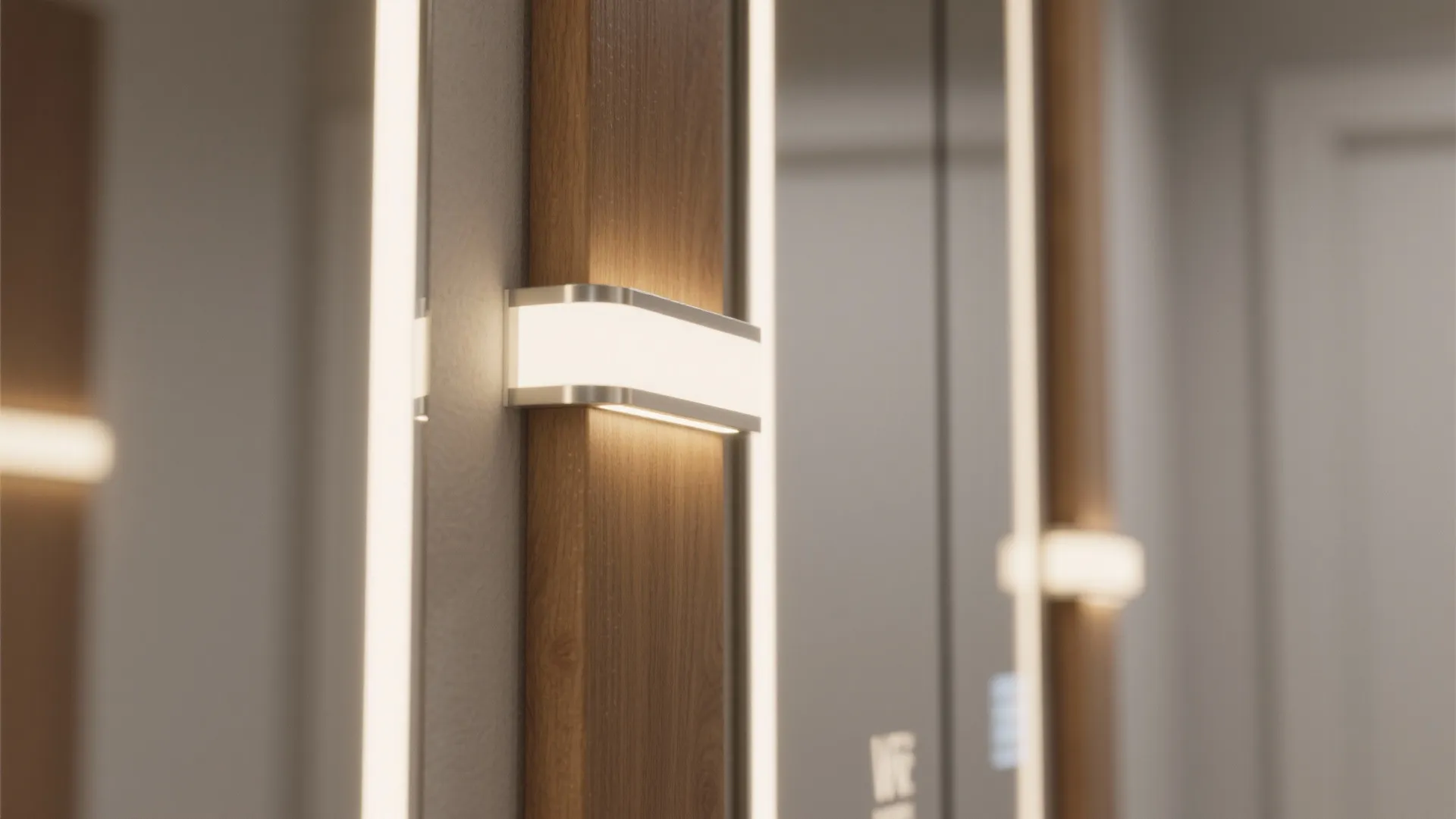 Detailed view of wooden frame with vertical light strips and a small white wall light