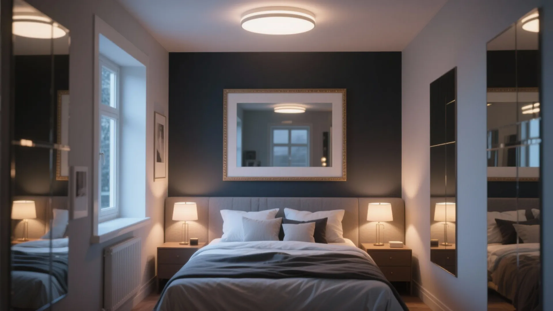 Modern bedroom with dark wall, large mirror, bedside lamps, white bed, and round ceiling light