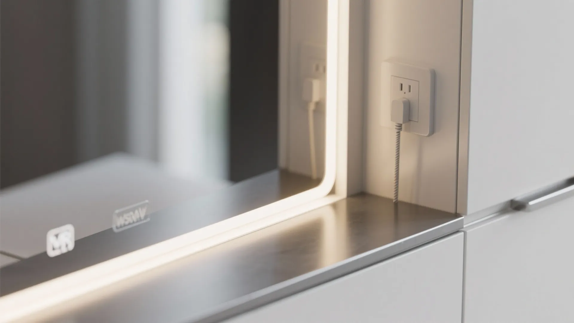 Macro of LED-lit mirror edge, high-CRI glow, and discreet interior outlet with cord clip.