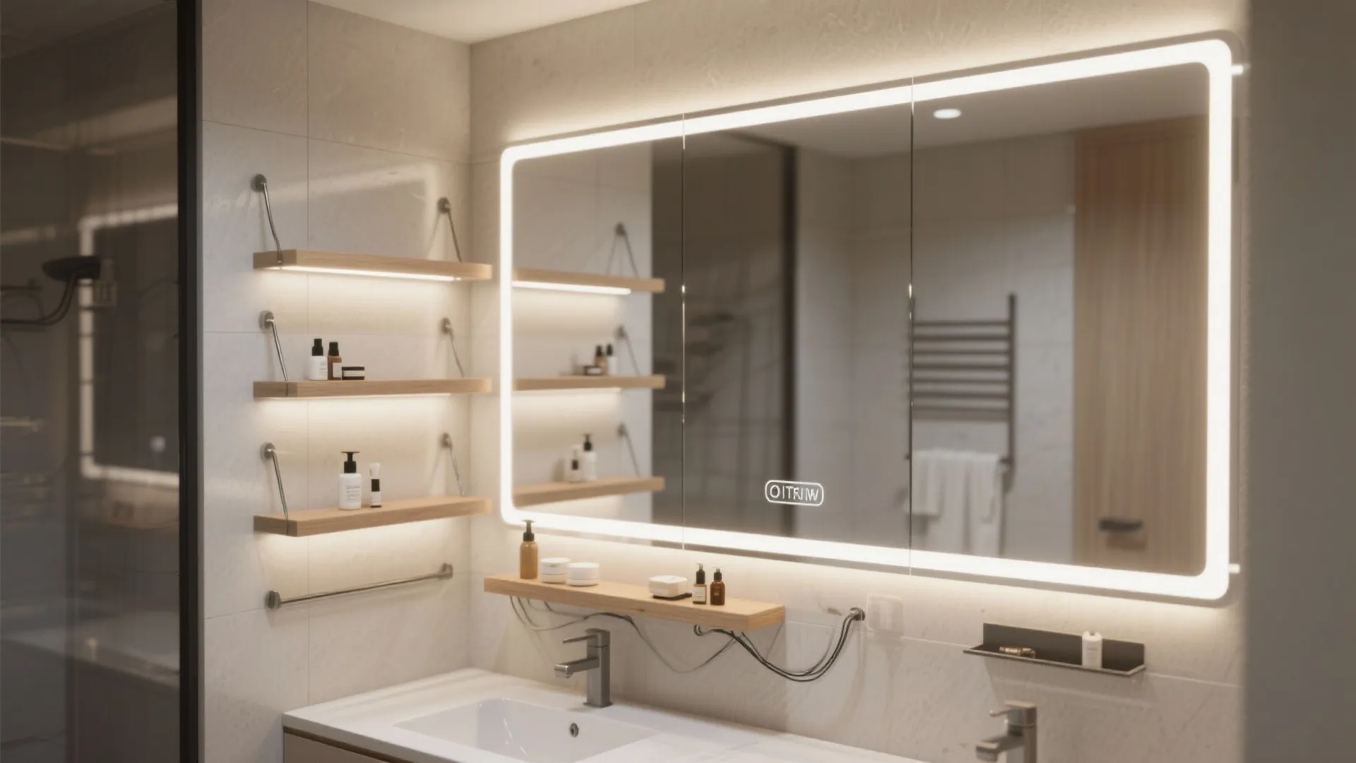 4. Mirror wall with integrated lighting and slim shelves