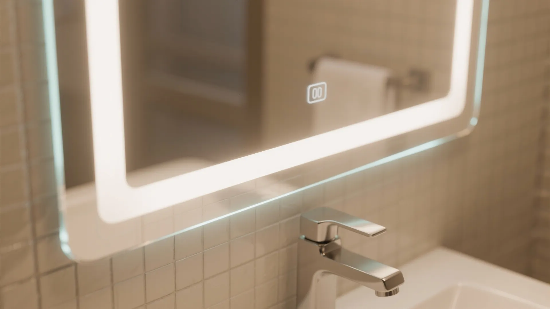 Modern bathroom mirror with glowing light frame above chrome faucet and white wall tile surface