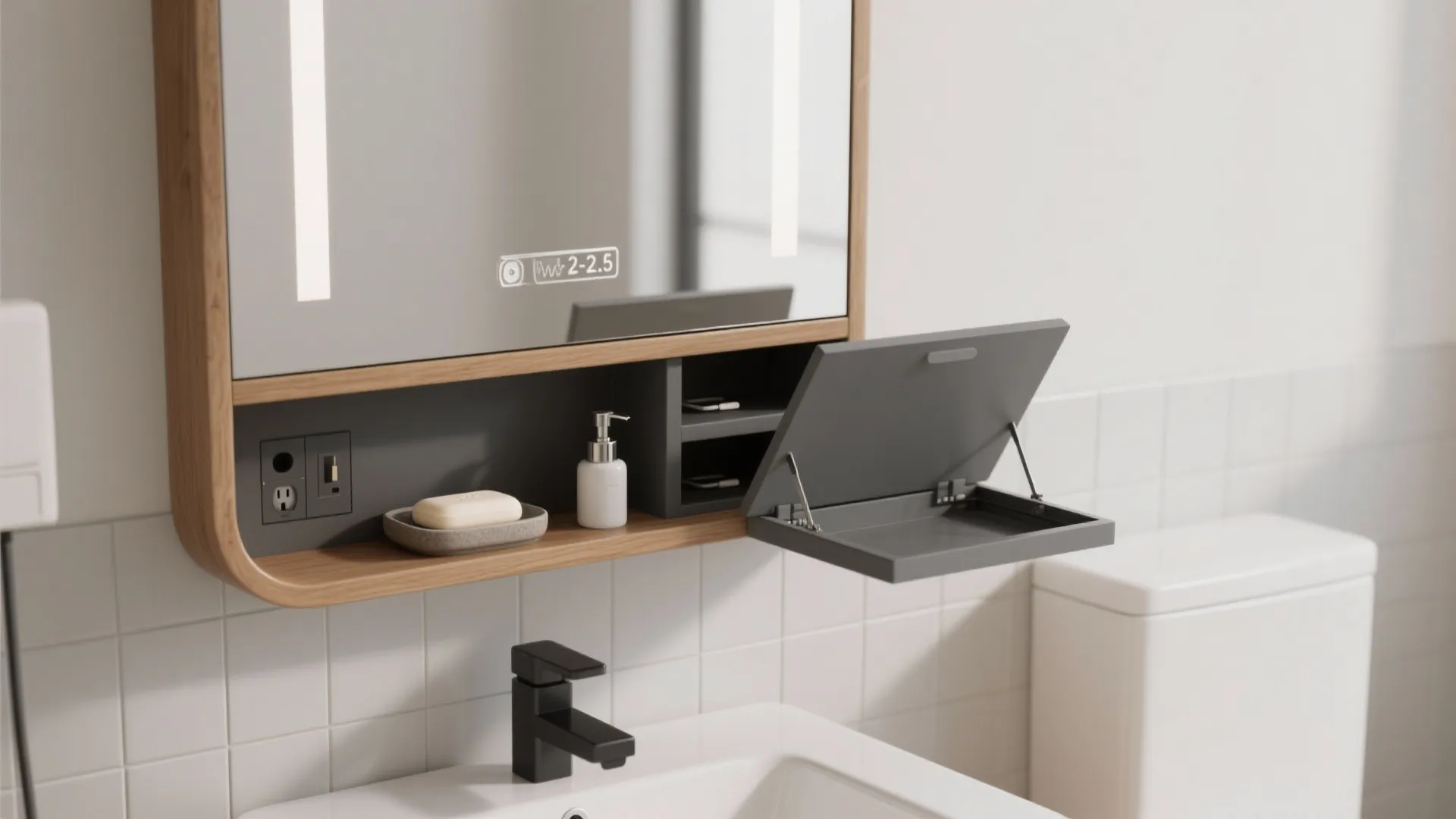 Smart bathroom mirror with built in light wooden shelf soap dispenser and a small cabinet