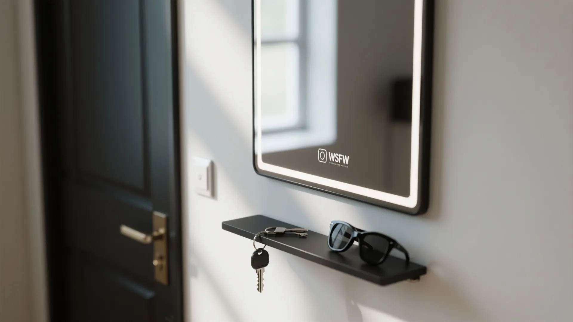 Wall mirror with light next to small black shelf holding car keys and black sunglasses