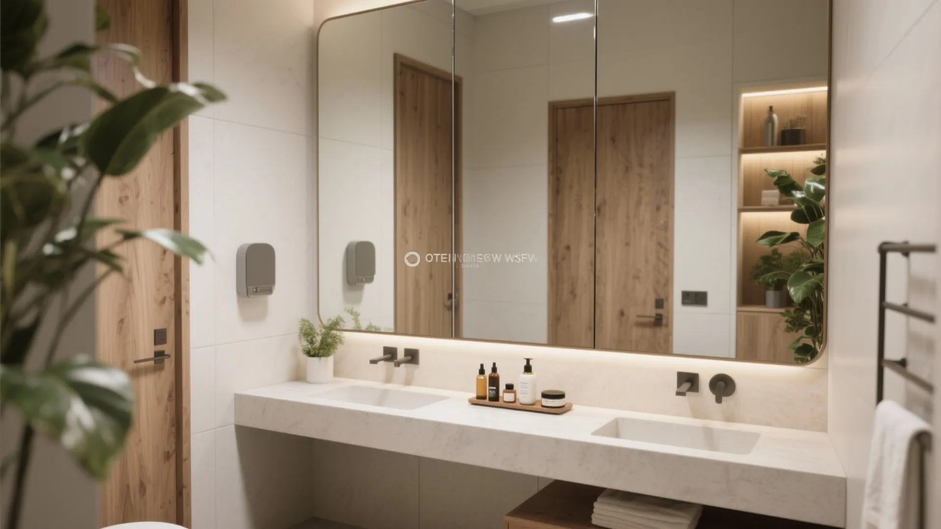 Modern bathroom with double sink white cabinet large mirror wood door and bright light fixtures