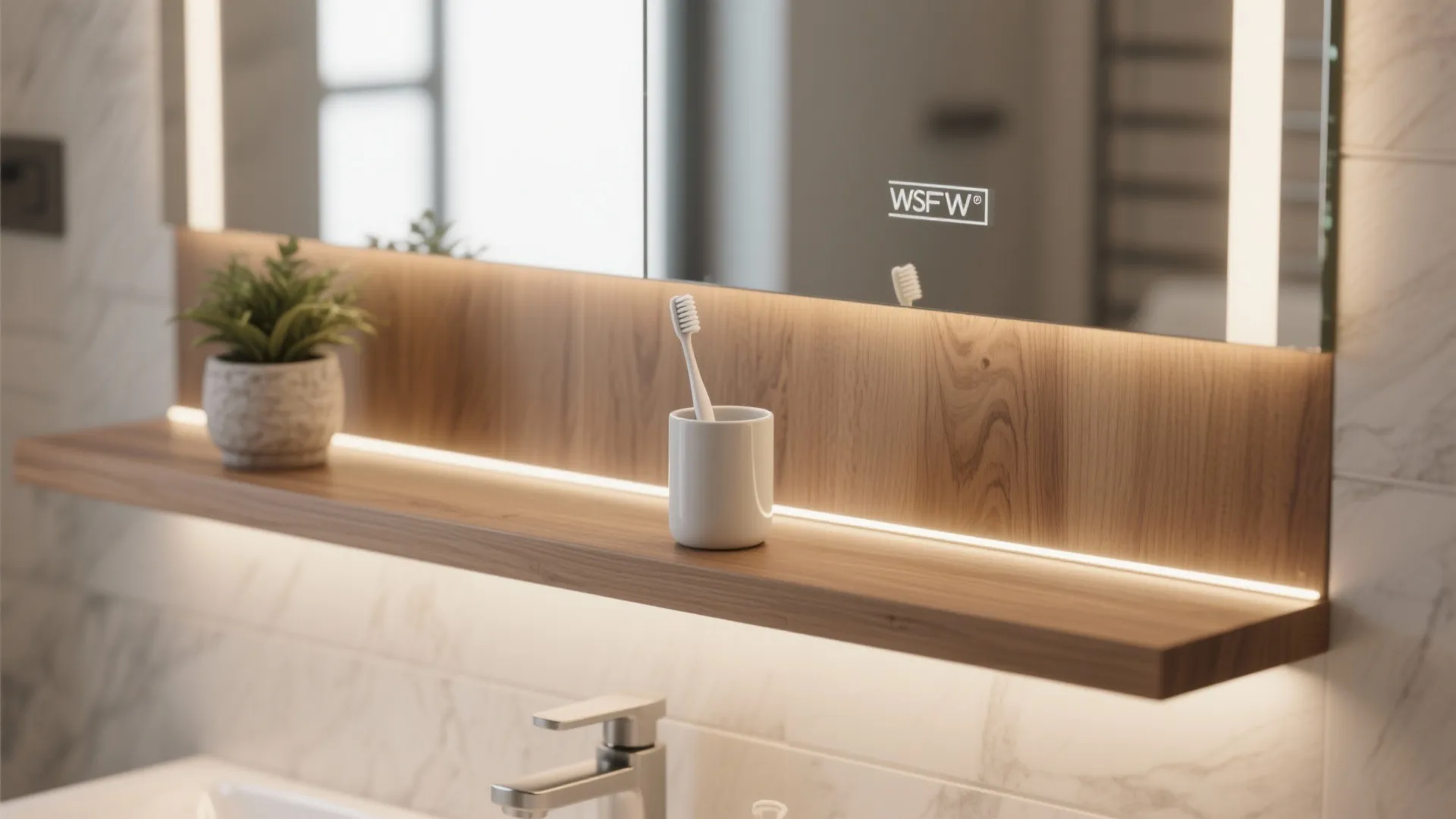 Close-up of a slim milled ledge below a mirror holding a toothbrush cup and small plant with integrated LED lighting.