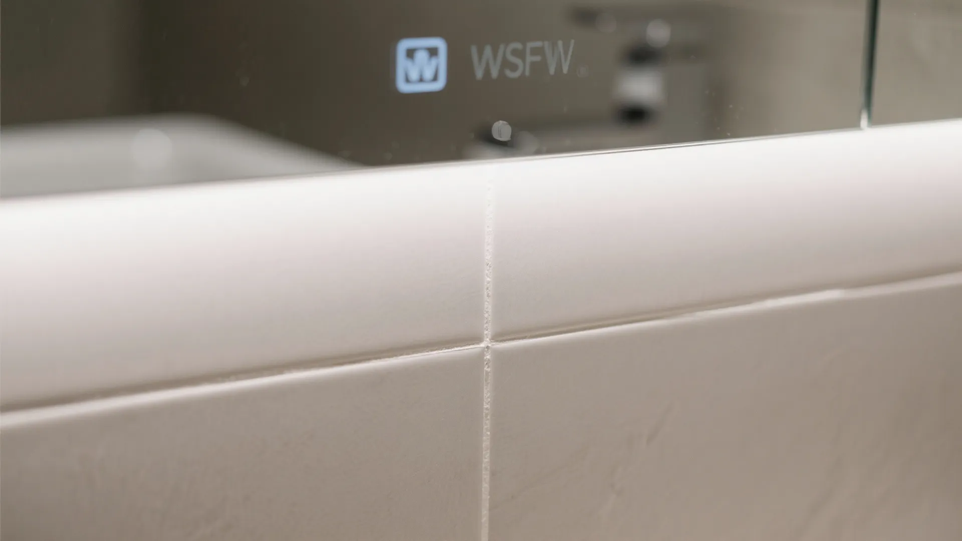 Close up view showing the clean grout lines of white tiles under a bathroom mirror