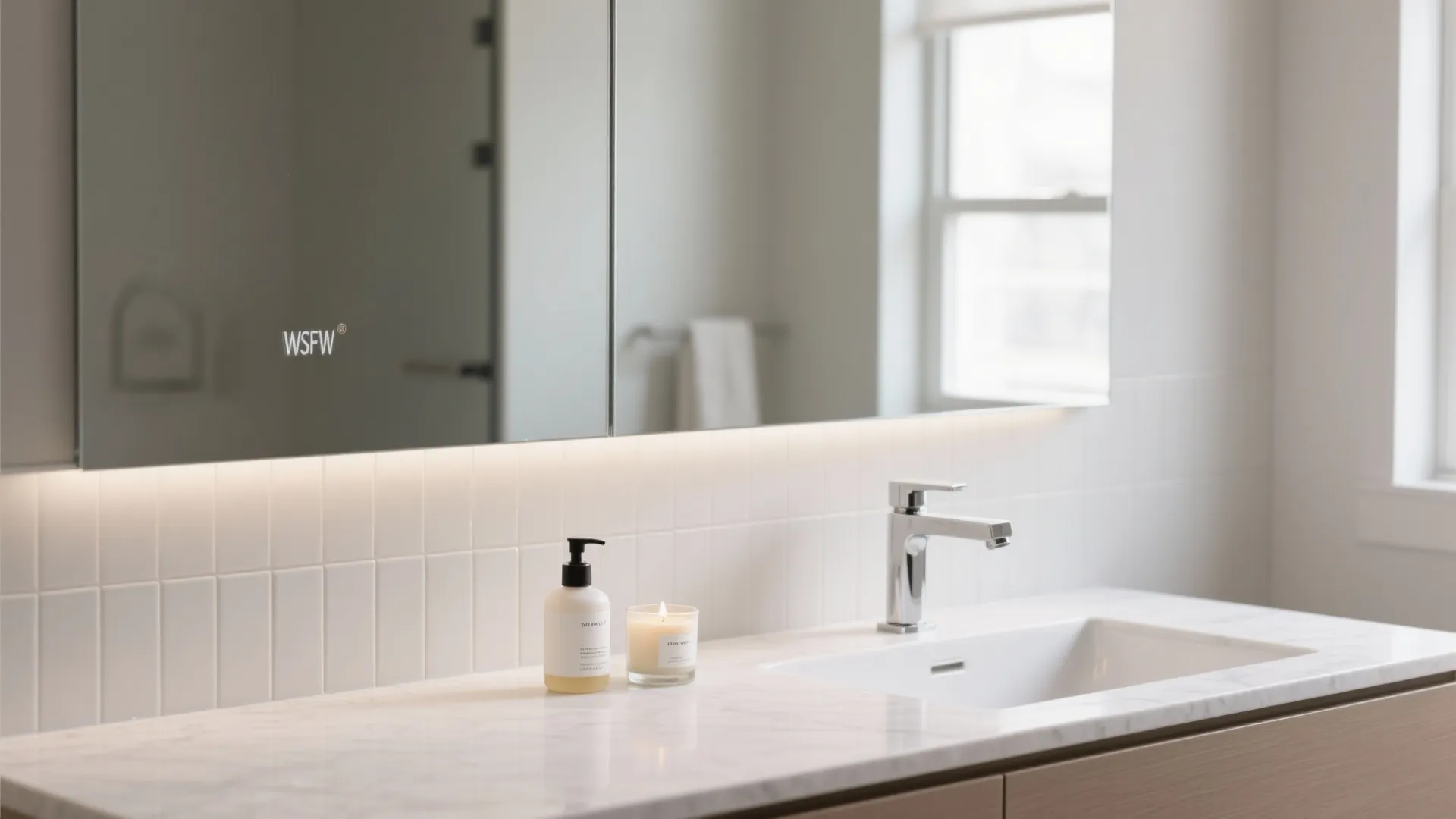 Modern bathroom vanity with large mirror white marble countertop silver faucet soap bottle and candle