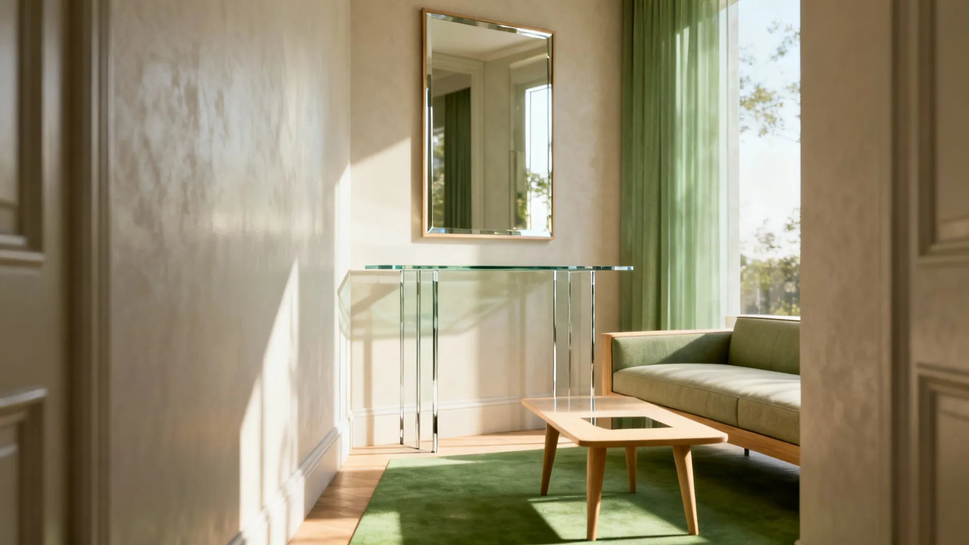 Mirror opposite the window and a leggy console behind a slim sectional that preserve sightlines and light.