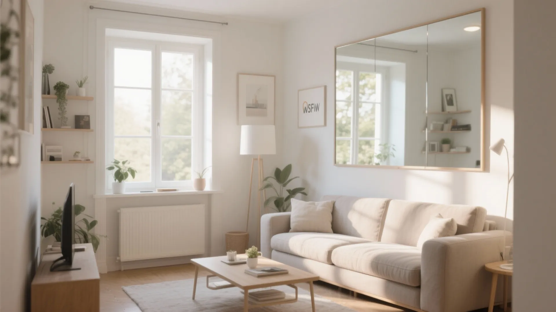 Minimalist living room with beige sofa wooden coffee table floor lamp and large wall mirror
