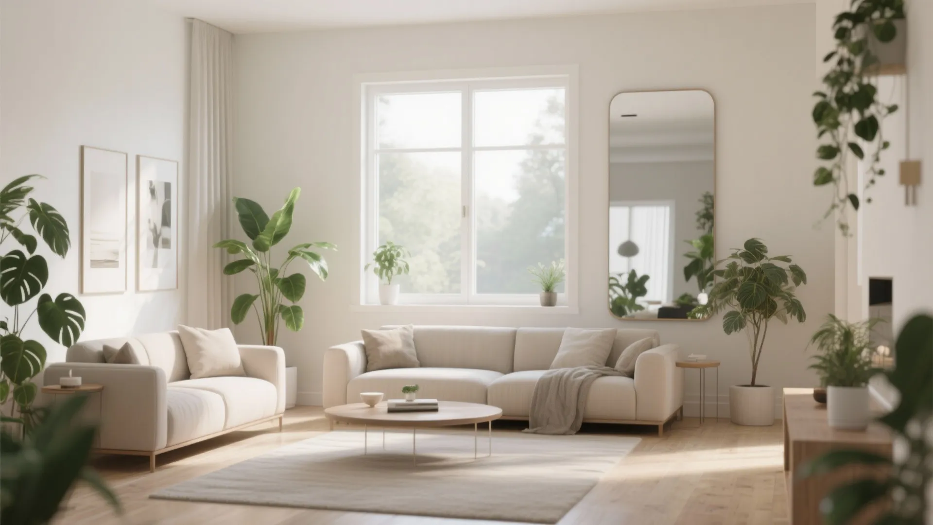 Bright living room with white sofas wood coffee table round mirror green plants and natural light