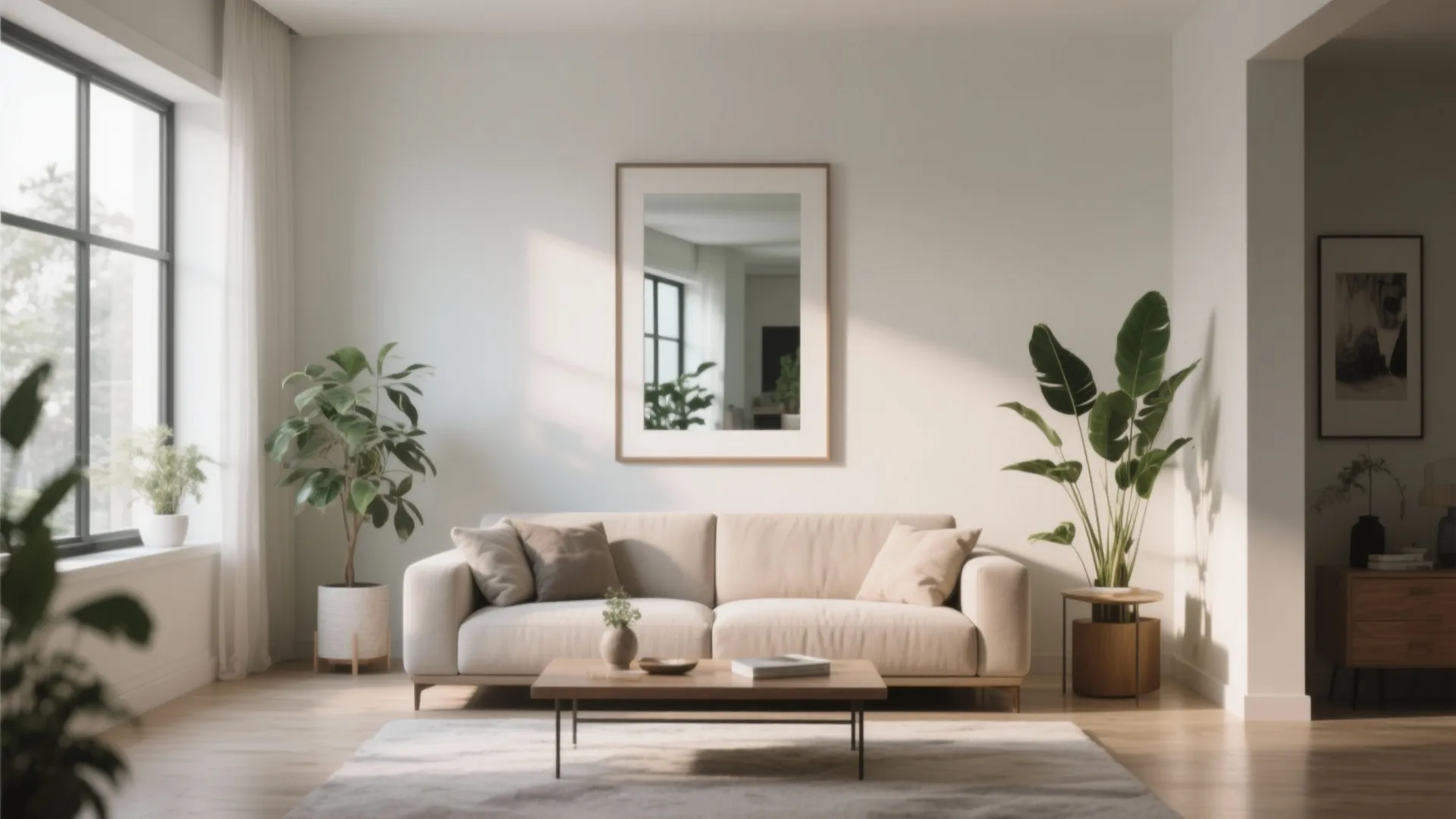 Modern bright living room featuring white sofa wooden coffee table large green plants and natural light