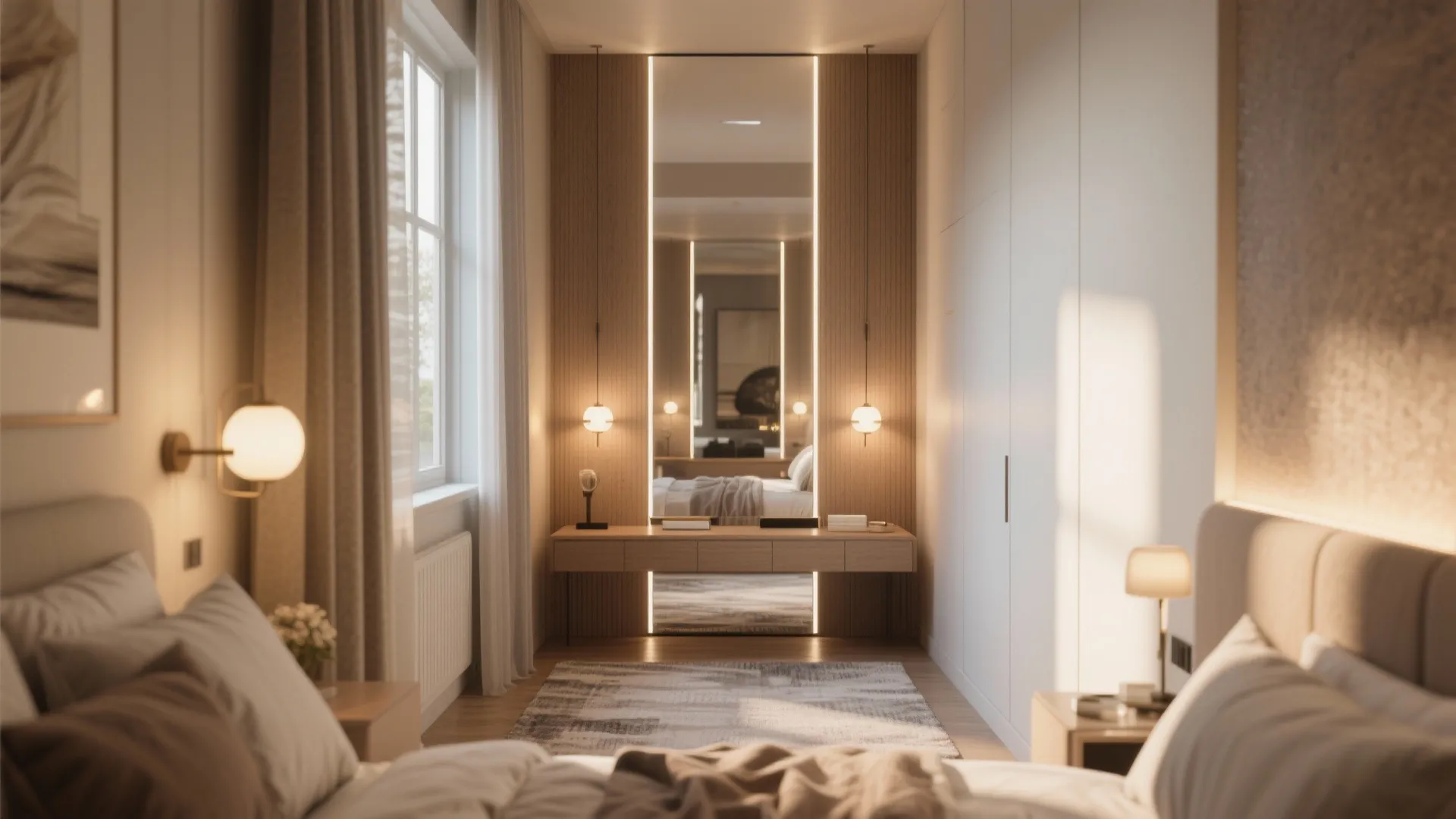 Narrow bedroom view showing a large vertical mirror with light strips, wooden console, and beds
