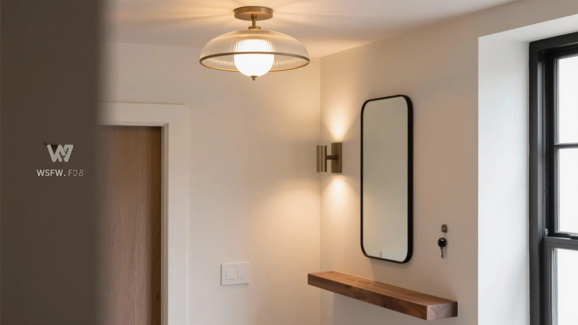 Modern white hallway with brass ceiling light plus wall light and wood shelf with mirror