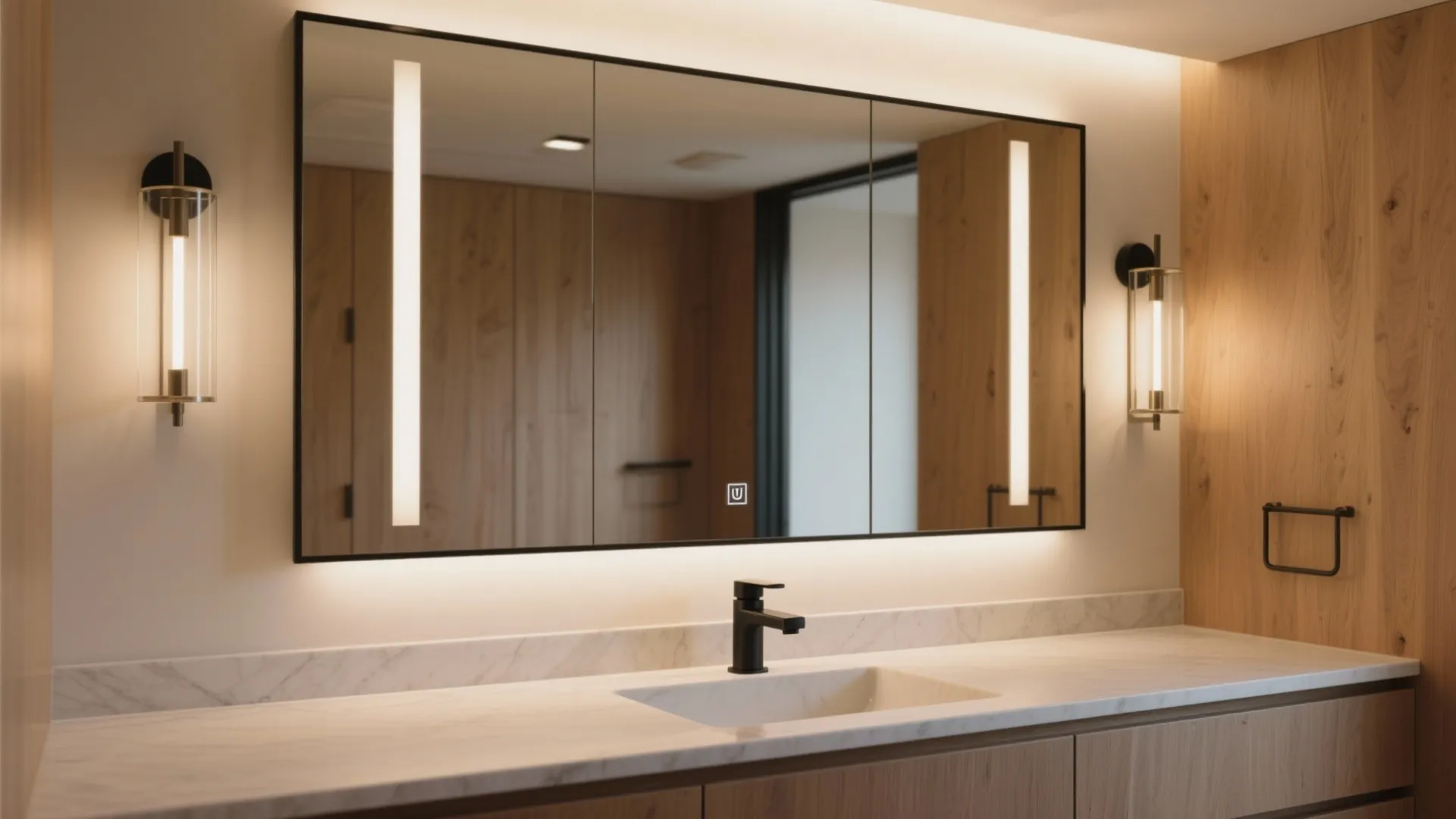 Lighted bathroom mirror cabinet above marble sink with black faucet and two symmetrical wall light fixtures