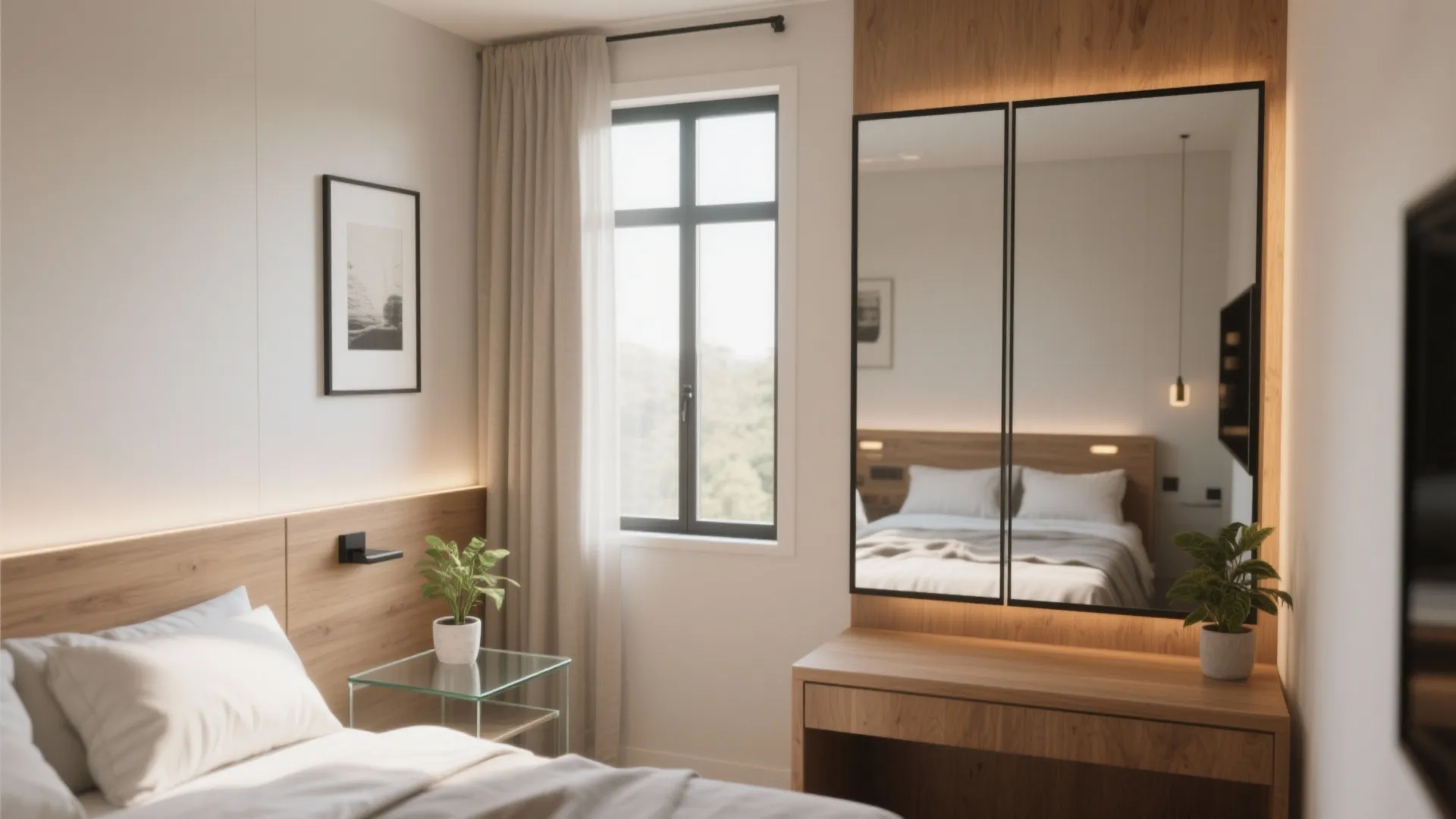Bedroom interior with a wooden dressing table featuring a large mirror and small green plant