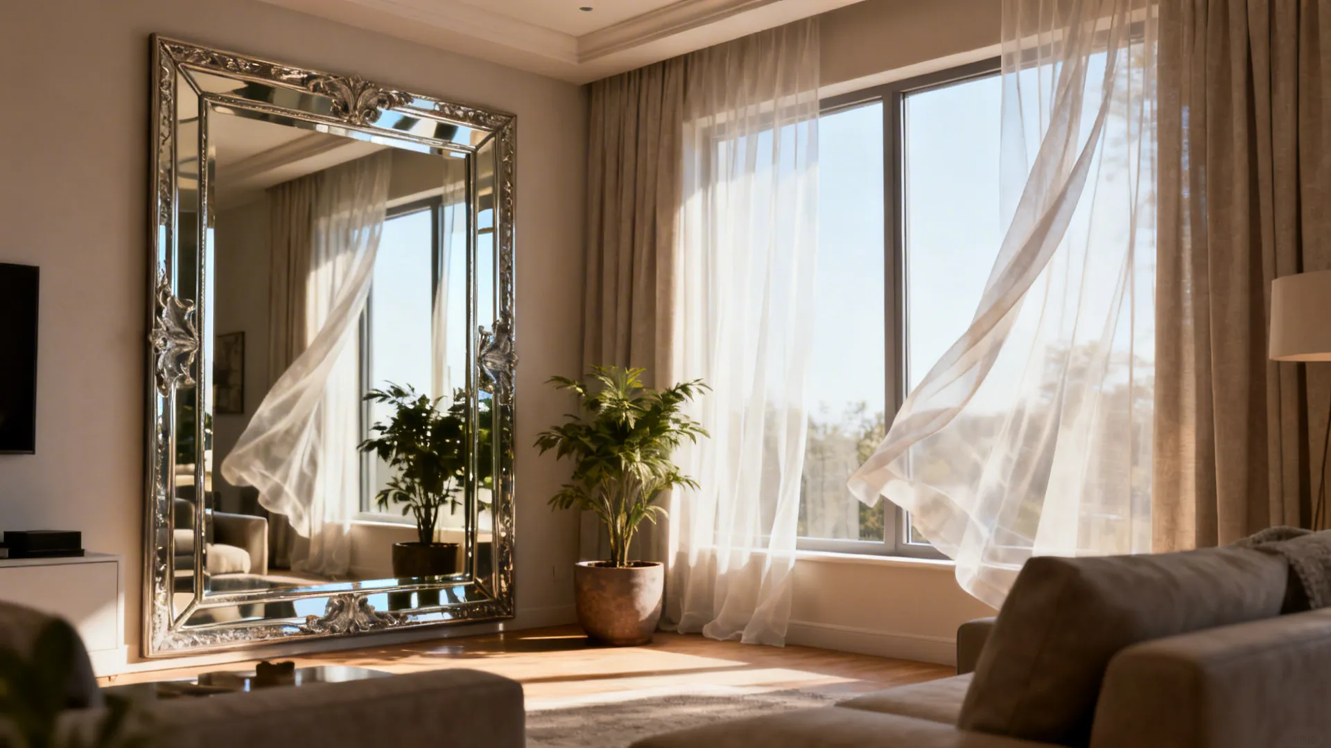 Large mirror opposite a window amplifying natural light in a double-wide living room