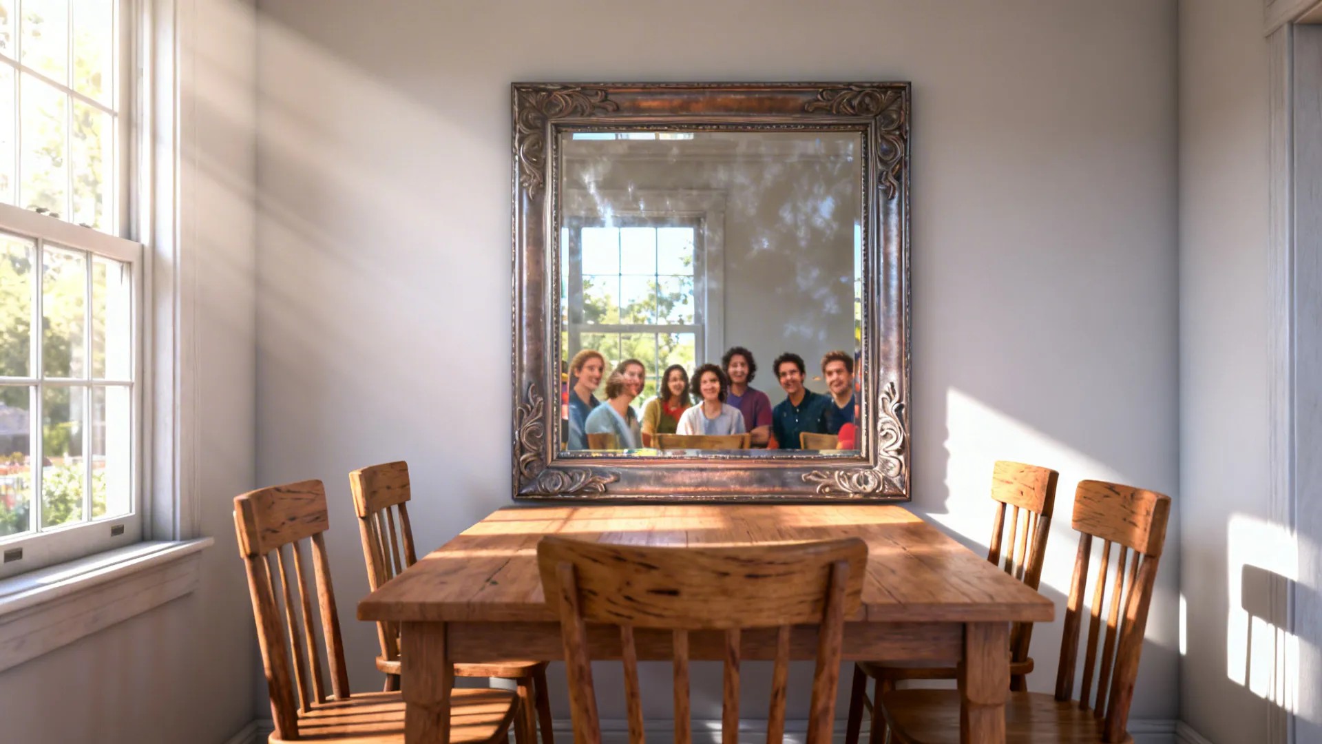 Large framed mirror opposite a window doubling light and reflections in a compact dining room.
